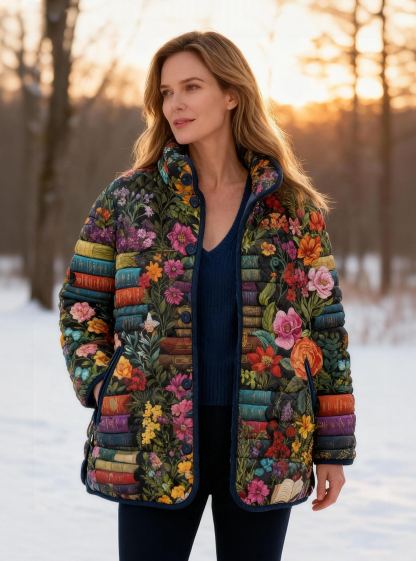 Vintage Book Stack & Floral Stylish Quilted Puffer Jacket Stand-Collar Casual Coat 