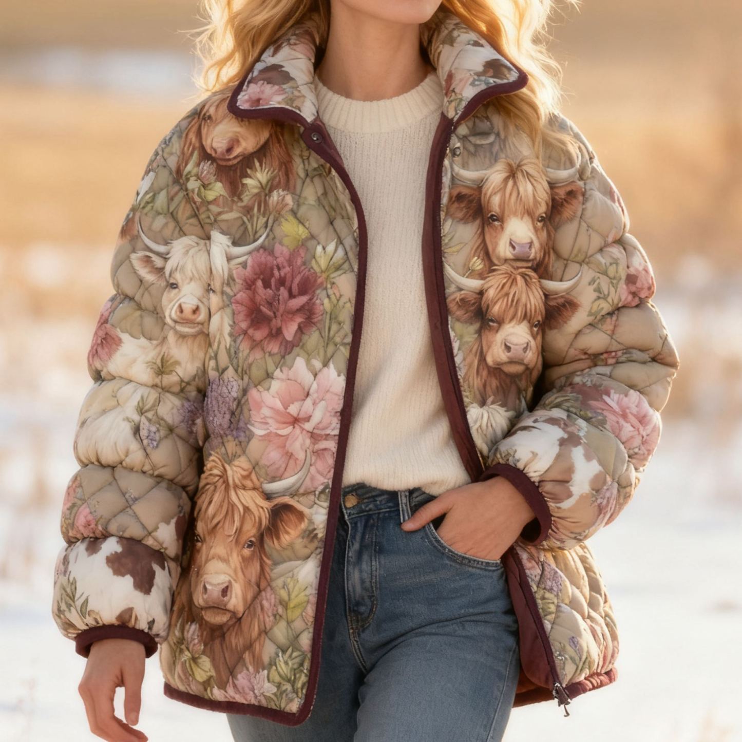 Vintage Highland Cow & Floral Print  Quilted Puffer Jacket Stand-Collar Casual Coat 
