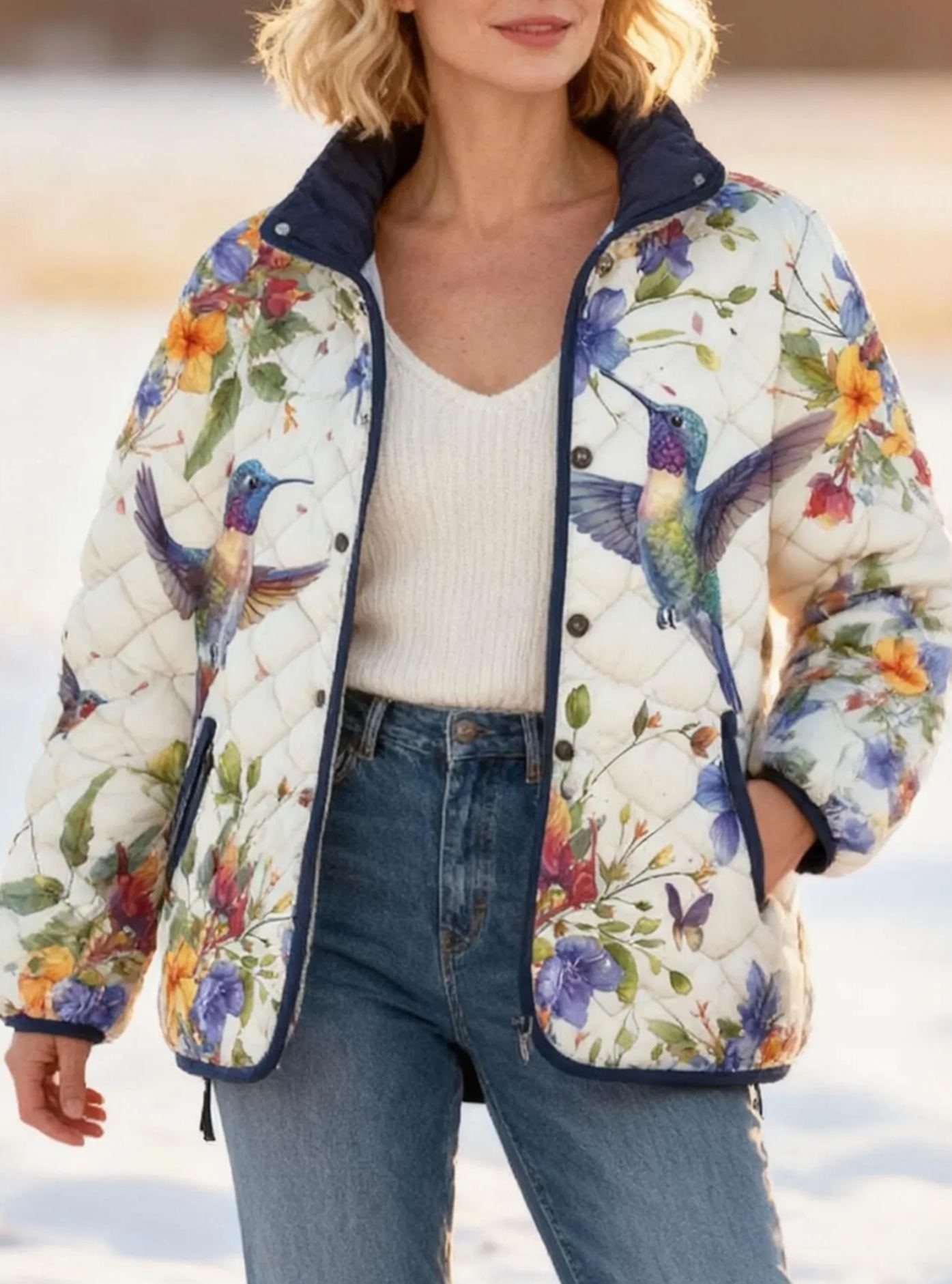 Watercolor Hummingbird Colorful Floral Cozy Quilted Puffer Jacket Stand-Collar Casual Coat 