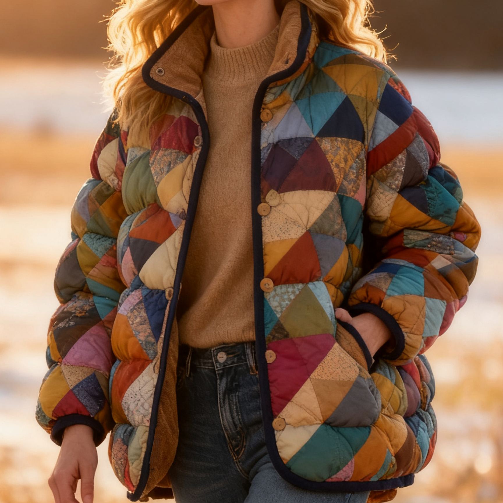 Vintage Geometric Pattern Cozy Quilted Puffer Jacket Stand-Collar Casual Coat 