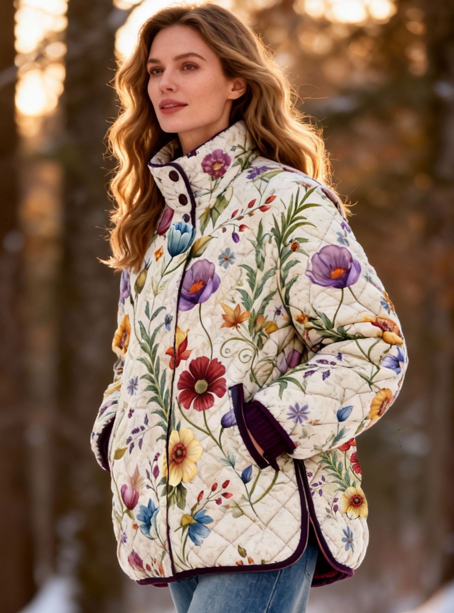  Retro Floral Cozy Quilted Puffer Jacket Stand-Collar Casual Coat 