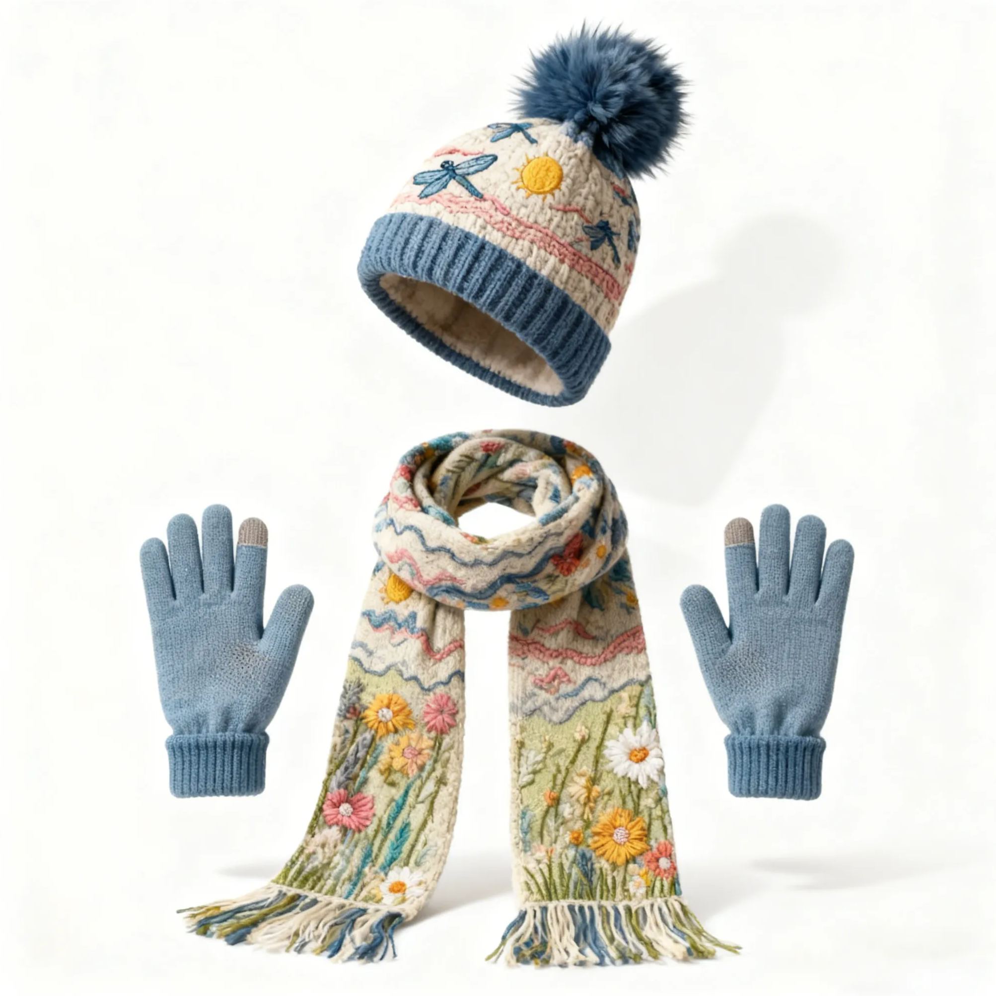 Womens Floral Dragonfly 3Pcs Knit Hat Long Scarf and Touchscreen Gloves Set Fleece Lined Pom Pom Beanie Winter Gift 