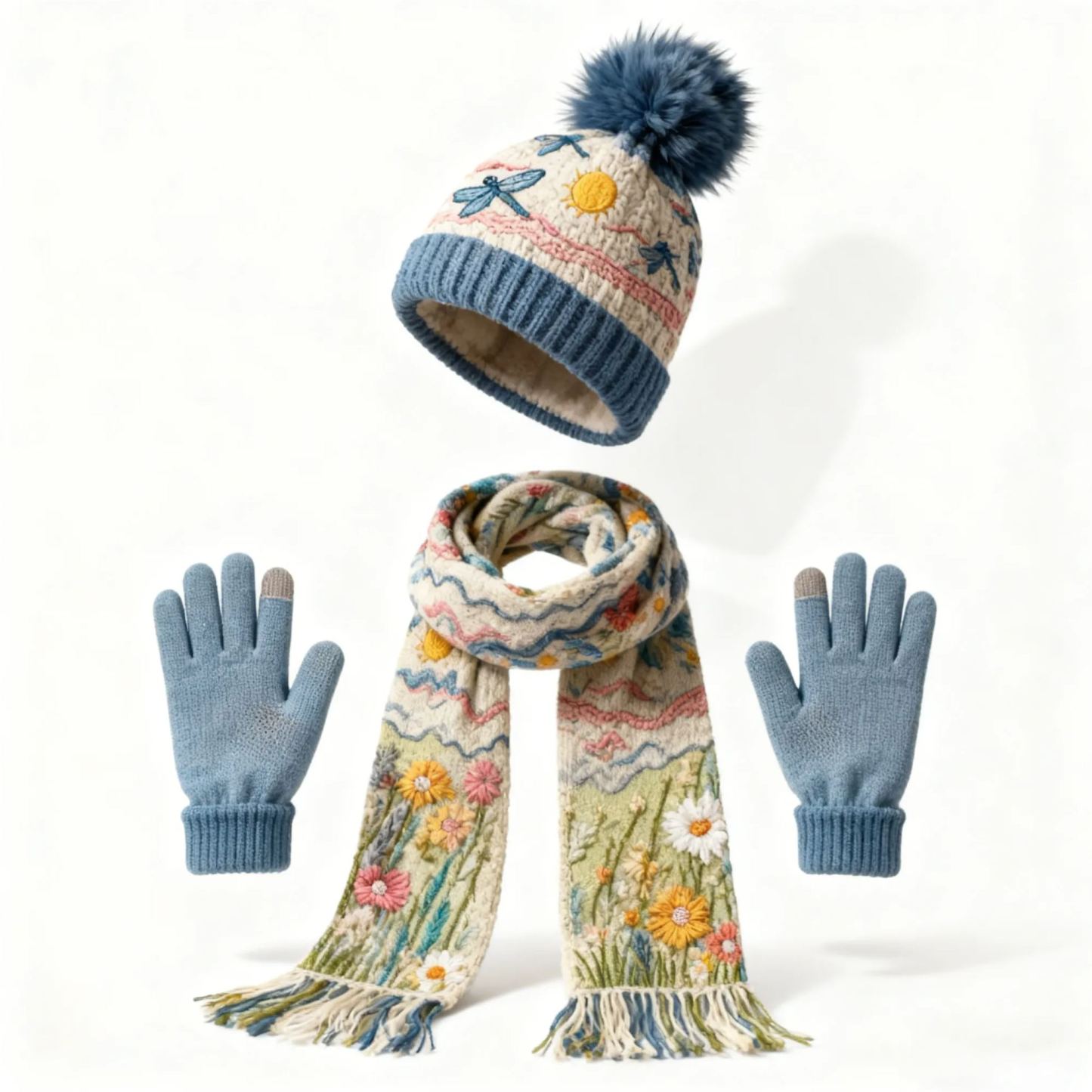 Womens Floral Dragonfly 3Pcs Knit Hat Long Scarf and Touchscreen Gloves Set Fleece Lined Pom Pom Beanie Winter Gift 