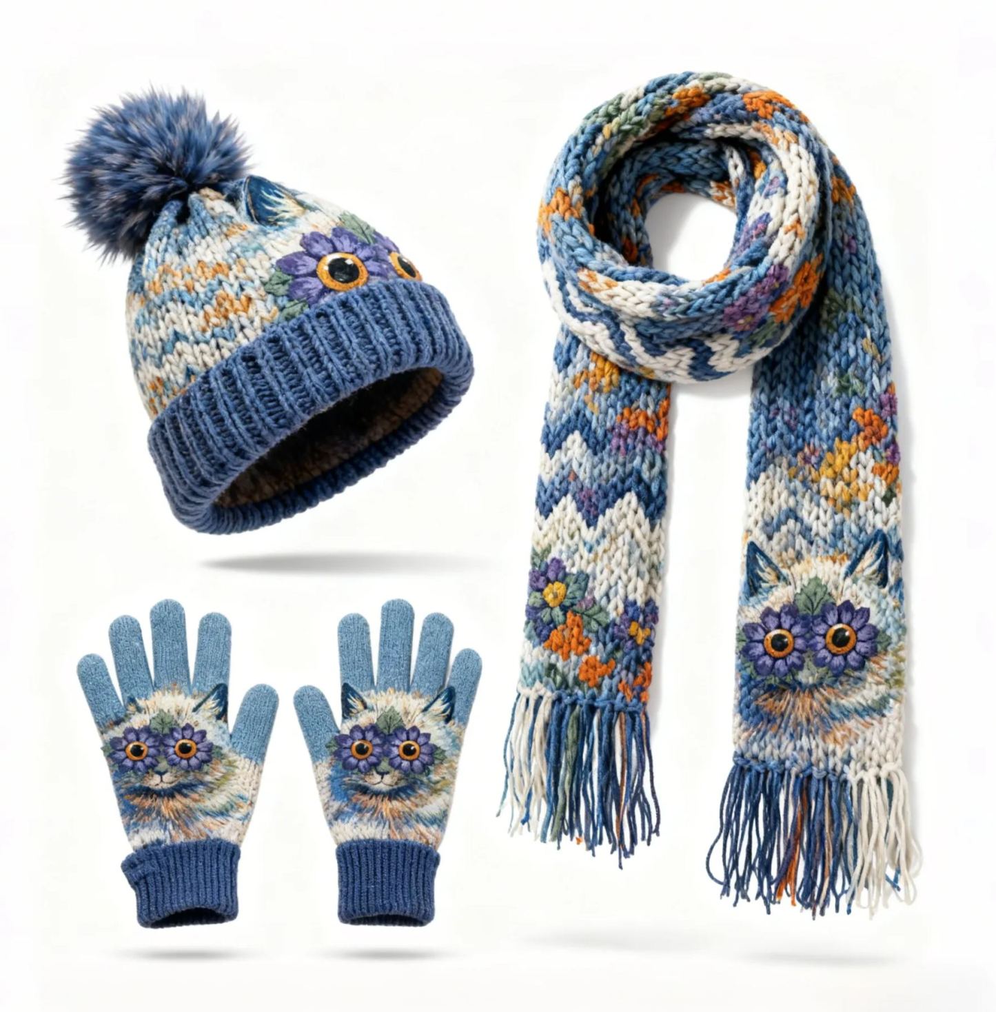 Womens Funny Floral Cat 3Pcs Knit Hat Long Scarf and Touchscreen Gloves Set Fleece Lined Pom Pom Beanie Winter Gift 