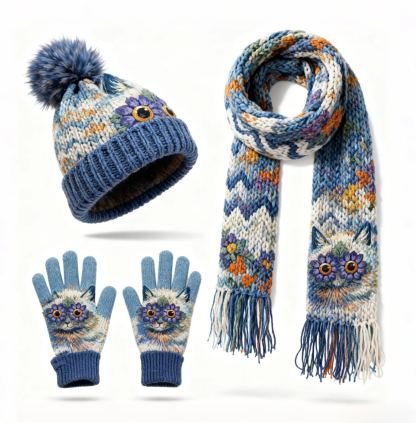 Womens Funny Floral Cat 3Pcs Knit Hat Long Scarf and Touchscreen Gloves Set Fleece Lined Pom Pom Beanie Winter Gift 
