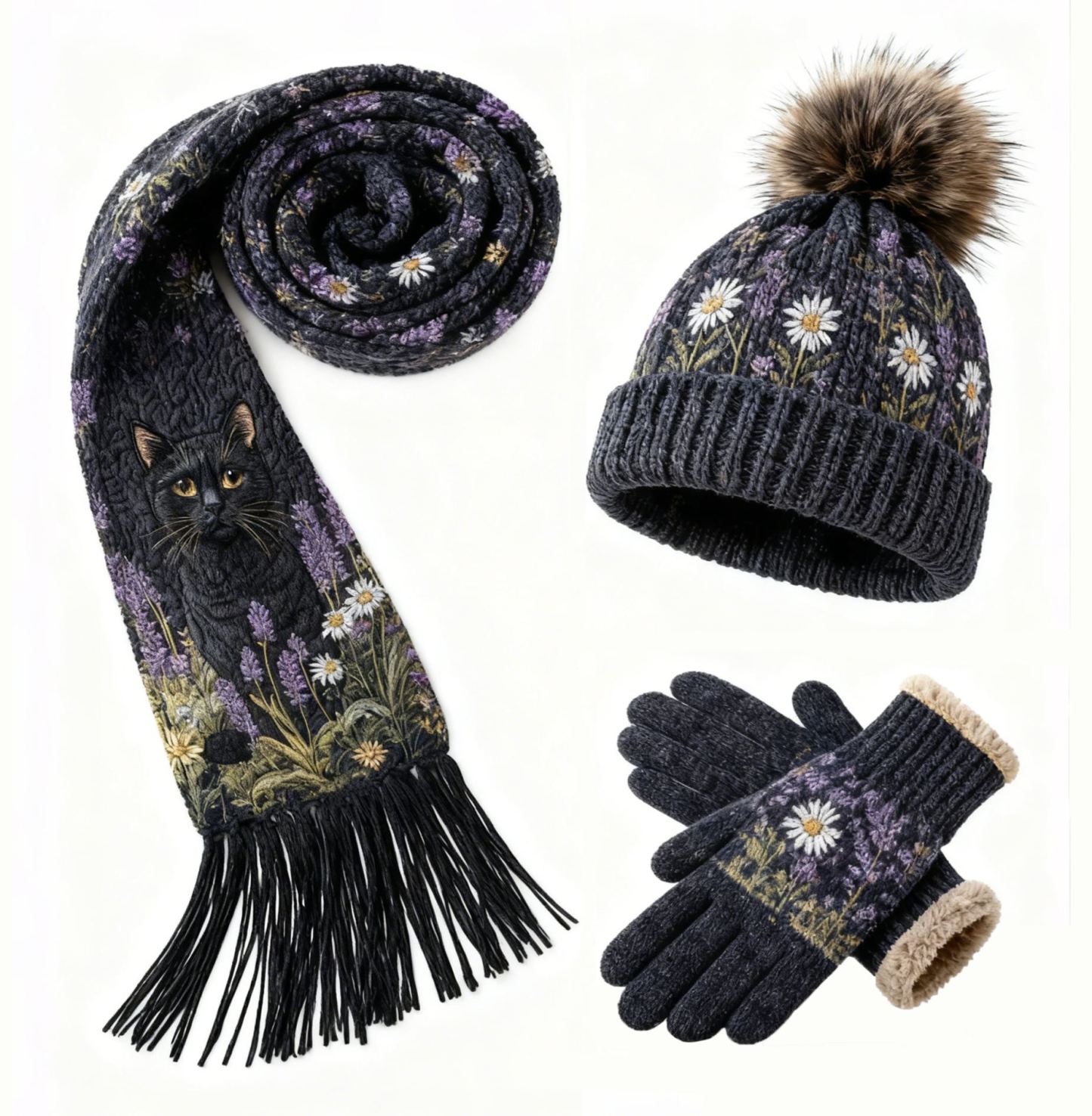 Womens Lavender Black Cat 3Pcs Knit Hat Long Scarf and Touchscreen Gloves Set Fleece Lined Pom Pom Beanie Winter Gift 