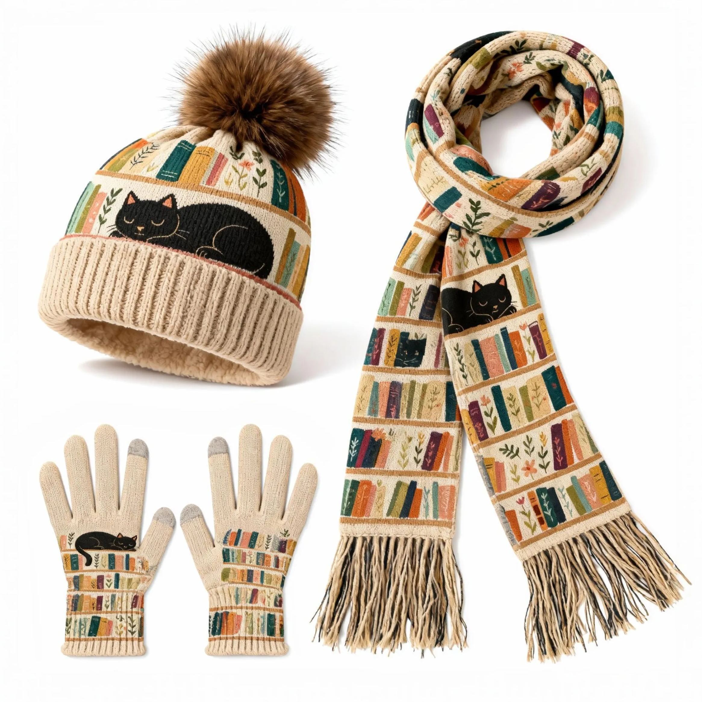 Womens Black Cat Bookshelf 3Pcs Knit Hat Long Scarf and Touchscreen Gloves Set Fleece Lined Pom Pom Beanie Winter Gift 