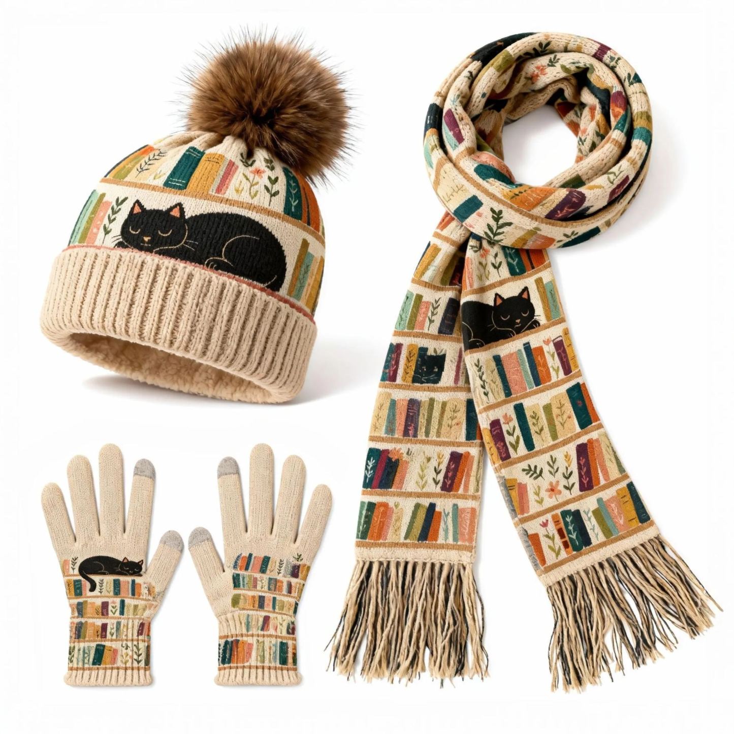 Womens Black Cat Bookshelf 3Pcs Knit Hat Long Scarf and Touchscreen Gloves Set Fleece Lined Pom Pom Beanie Winter Gift 