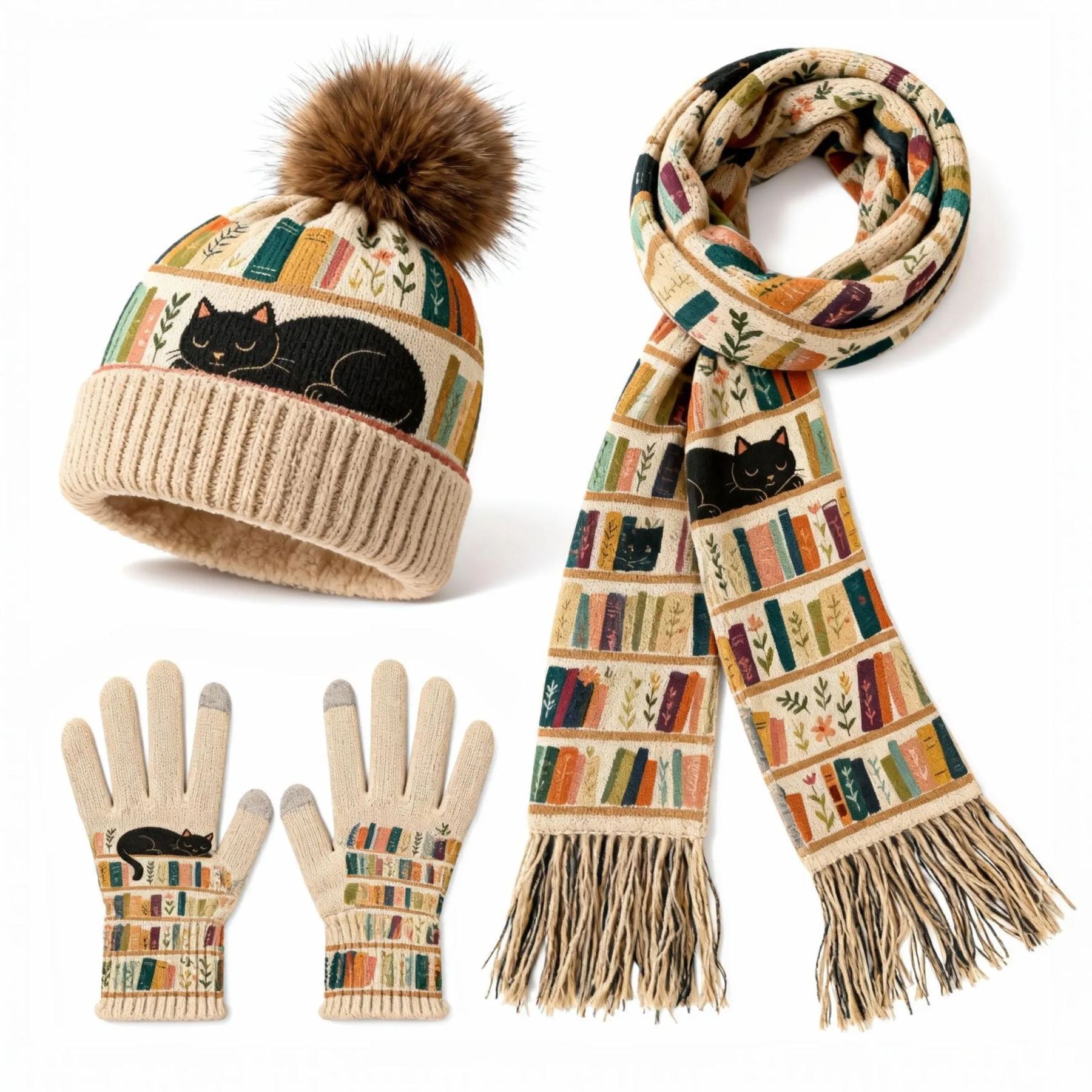 Womens Black Cat Bookshelf 3Pcs Knit Hat Long Scarf and Touchscreen Gloves Set Fleece Lined Pom Pom Beanie Winter Gift 