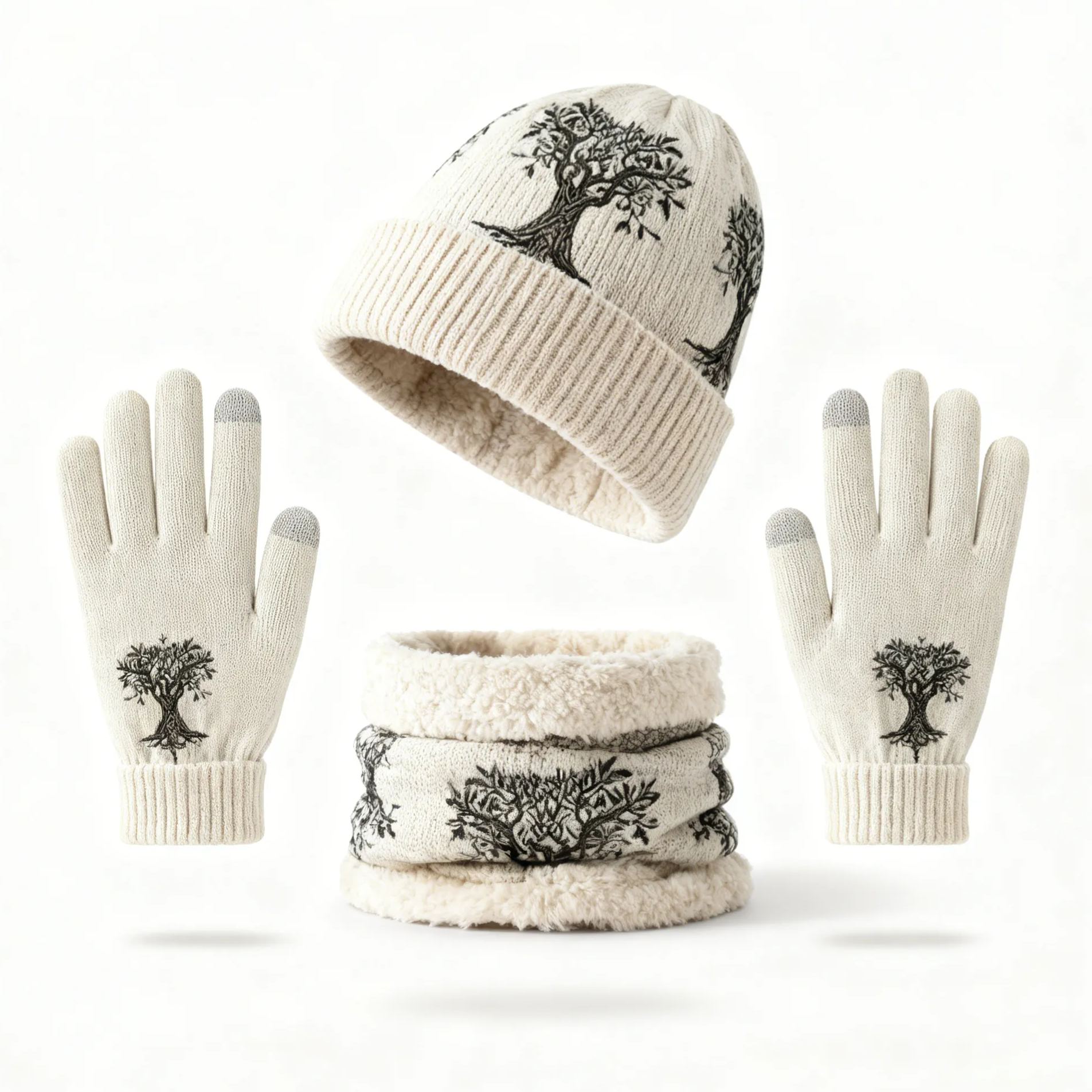 Womens Tree Of Life 3pcs Knit Hat Neck Scarf  & Touchscreen Gloves Set Neck Gaiter Fleece Lined Pom Pom Beanie Winter Gift 