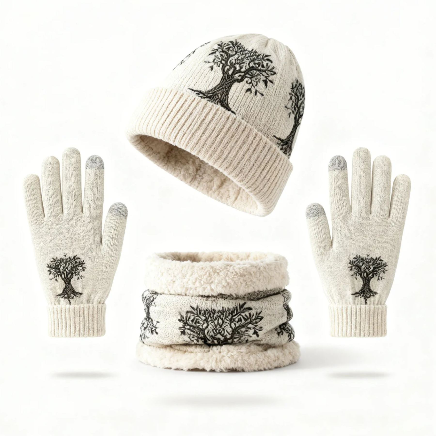 Womens Tree Of Life 3pcs Knit Hat Neck Scarf  & Touchscreen Gloves Set Neck Gaiter Fleece Lined Pom Pom Beanie Winter Gift 