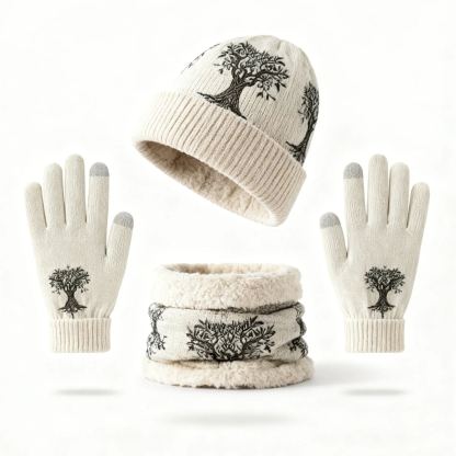 Womens Tree Of Life 3pcs Knit Hat Neck Scarf  & Touchscreen Gloves Set Neck Gaiter Fleece Lined Pom Pom Beanie Winter Gift 
