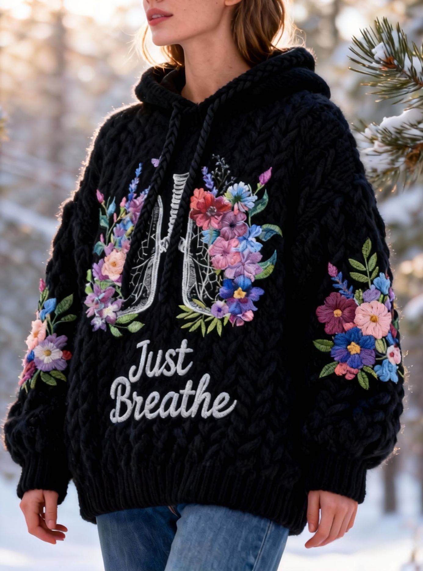 "Just Breathe" Lettering Floral Lung Embroidery Oversized Cable Knit Hooded Sweater Affirmations Mental Health Awareness Hoodie