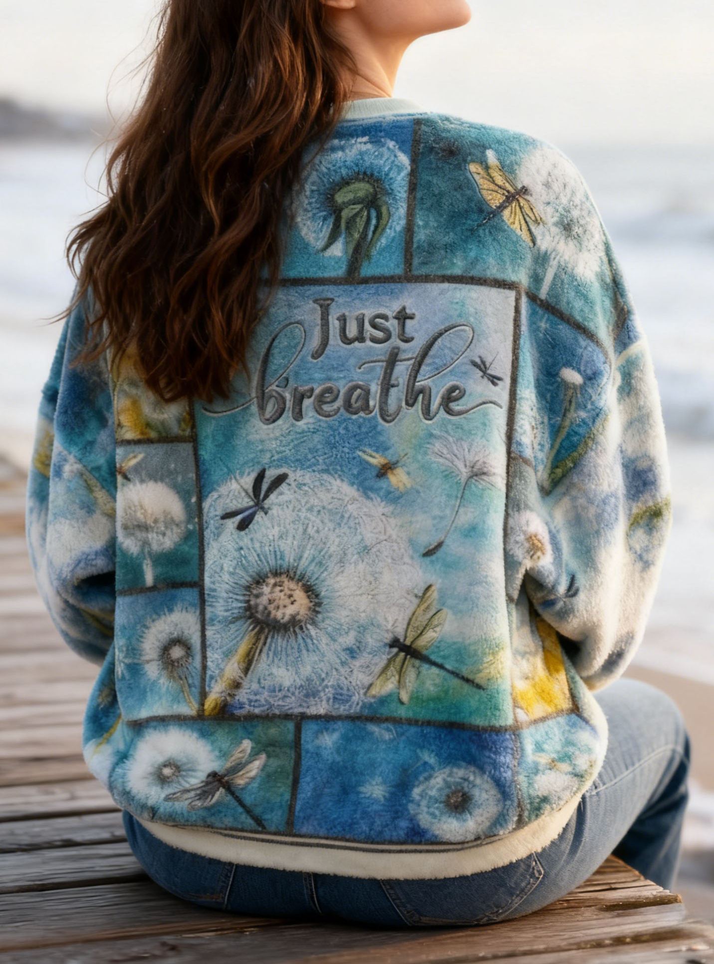 "Just Breathe" Tie-Dye Fleece Pullover with Dandelion & Dragonfly Print Flannel Affirmations Mental Health Awareness Hoodie