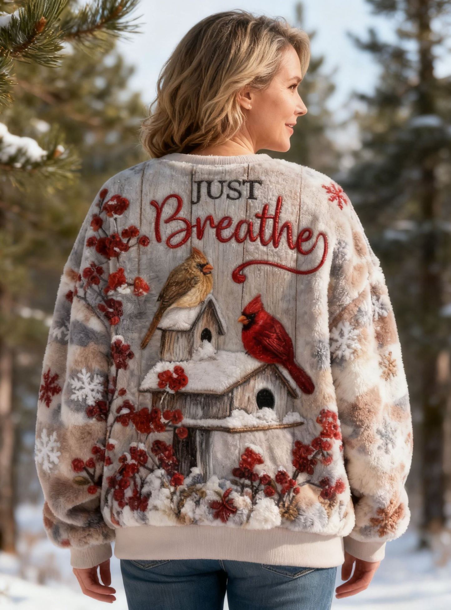 "Just Breathe" Fuzzy Fleece Sweatshirt with Cardinal Bird & Birdhouse Embroidery Pullover Flannel Affirmations Mental Health Awareness Sweatshirt