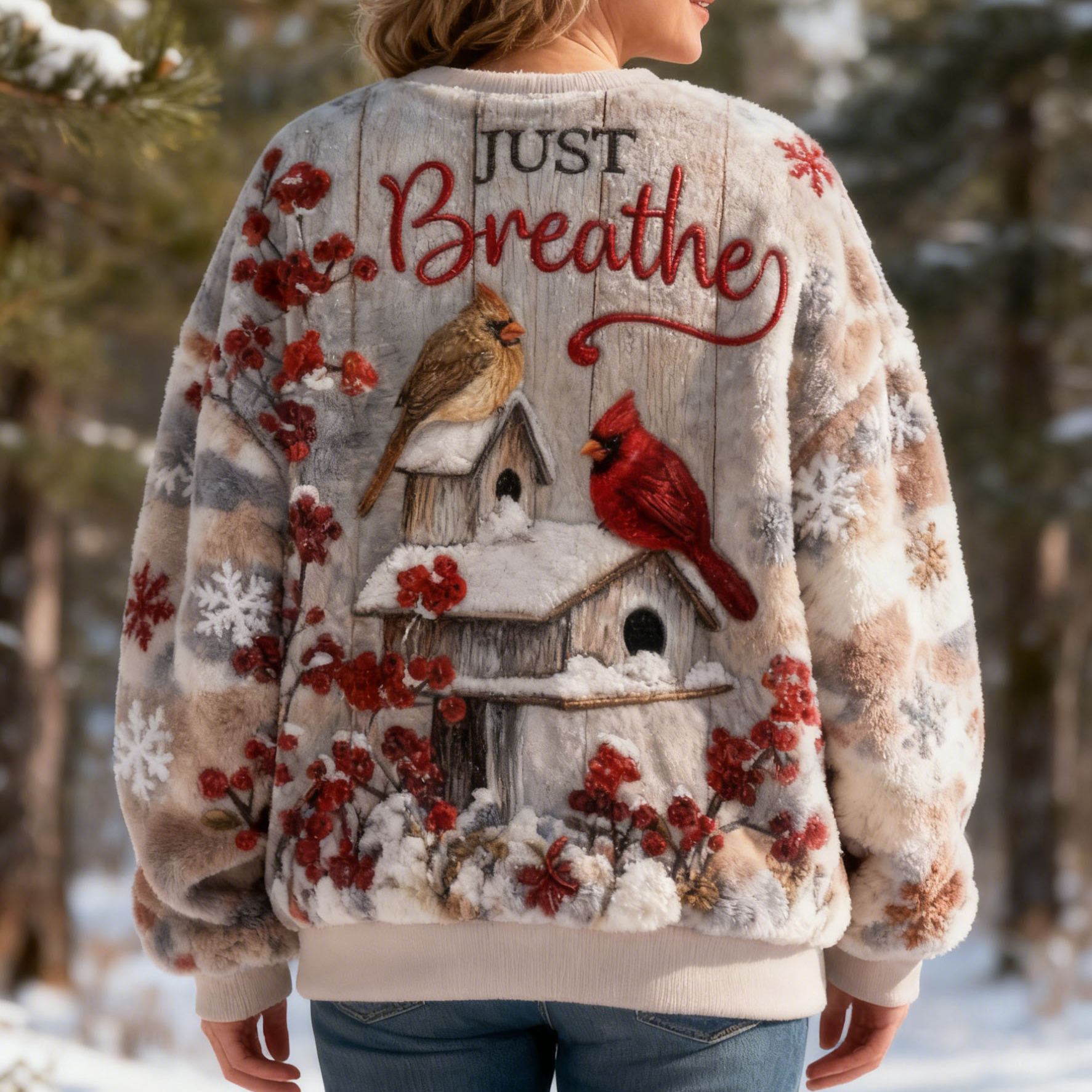 "Just Breathe" Fuzzy Fleece Sweatshirt with Cardinal Bird & Birdhouse Embroidery Pullover Flannel Affirmations Mental Health Awareness Sweatshirt