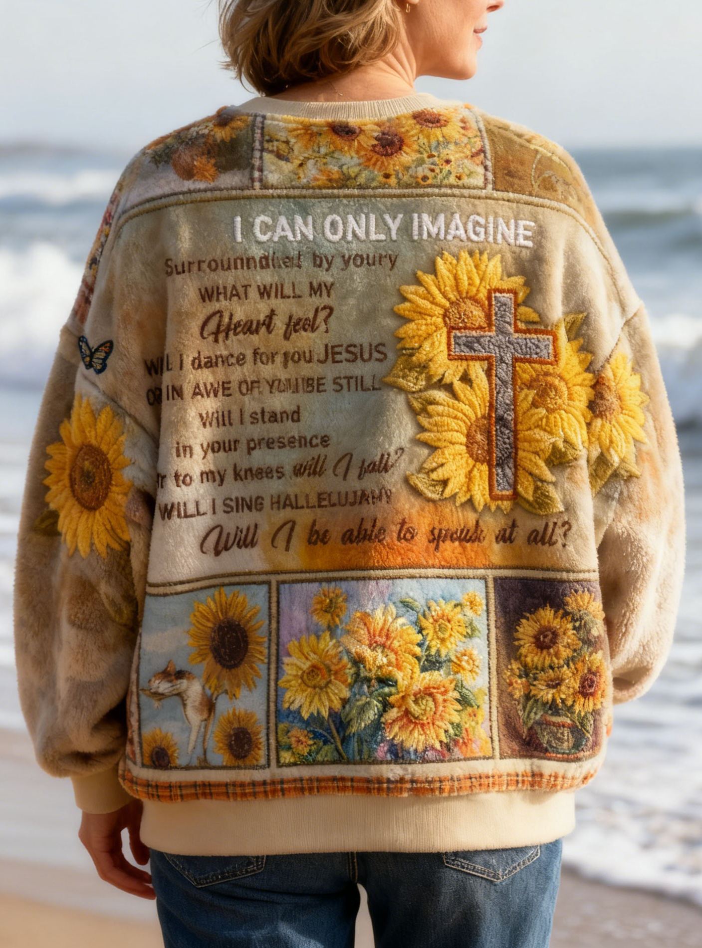 "I Can Only Imagine" Inspirational Christian Flannel Sweatshirt Sunflower & Cross Embroidered Affirmations Mental Health Awareness Pullover