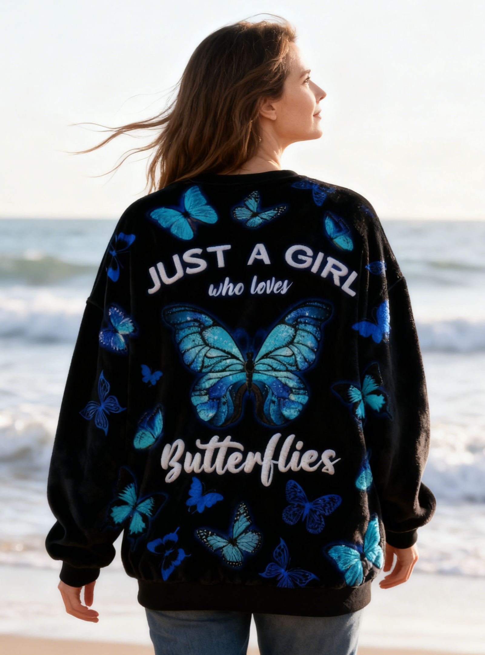 "Just A Girl Who Loves Butterflies" Fleece Oversized Sweatshirt with Blue Butterfly Print Flannel Affirmations Mental Health Awareness Pullover
