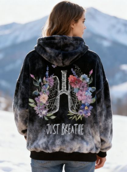 "Just Breathe" Lettering Black & White Tie-Dye Hoodie with Floral Lung Graphic Soft Fleece Oversized Flannel Sweatshirt 