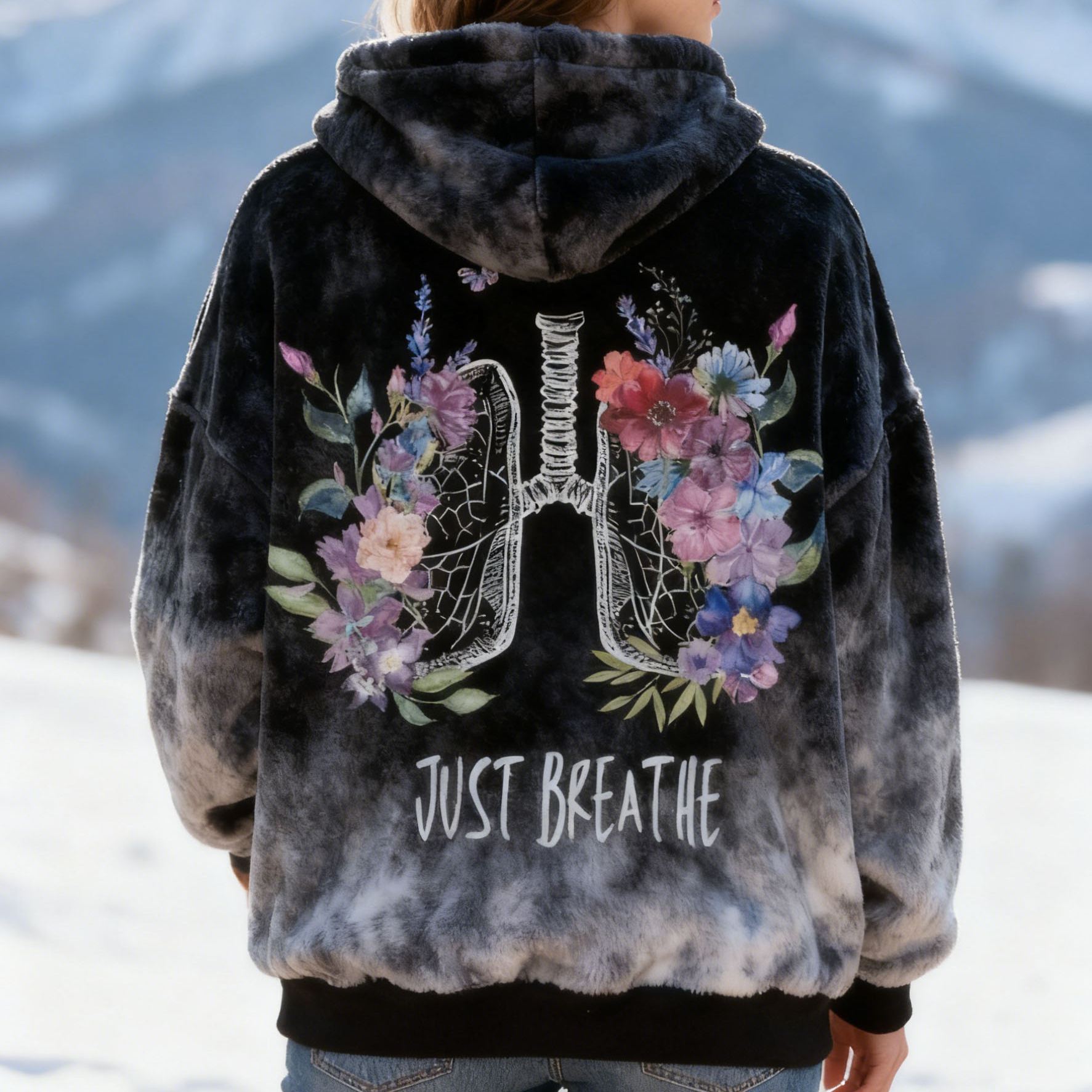 "Just Breathe" Lettering Black & White Tie-Dye Hoodie with Floral Lung Graphic Soft Fleece Oversized Flannel Sweatshirt 