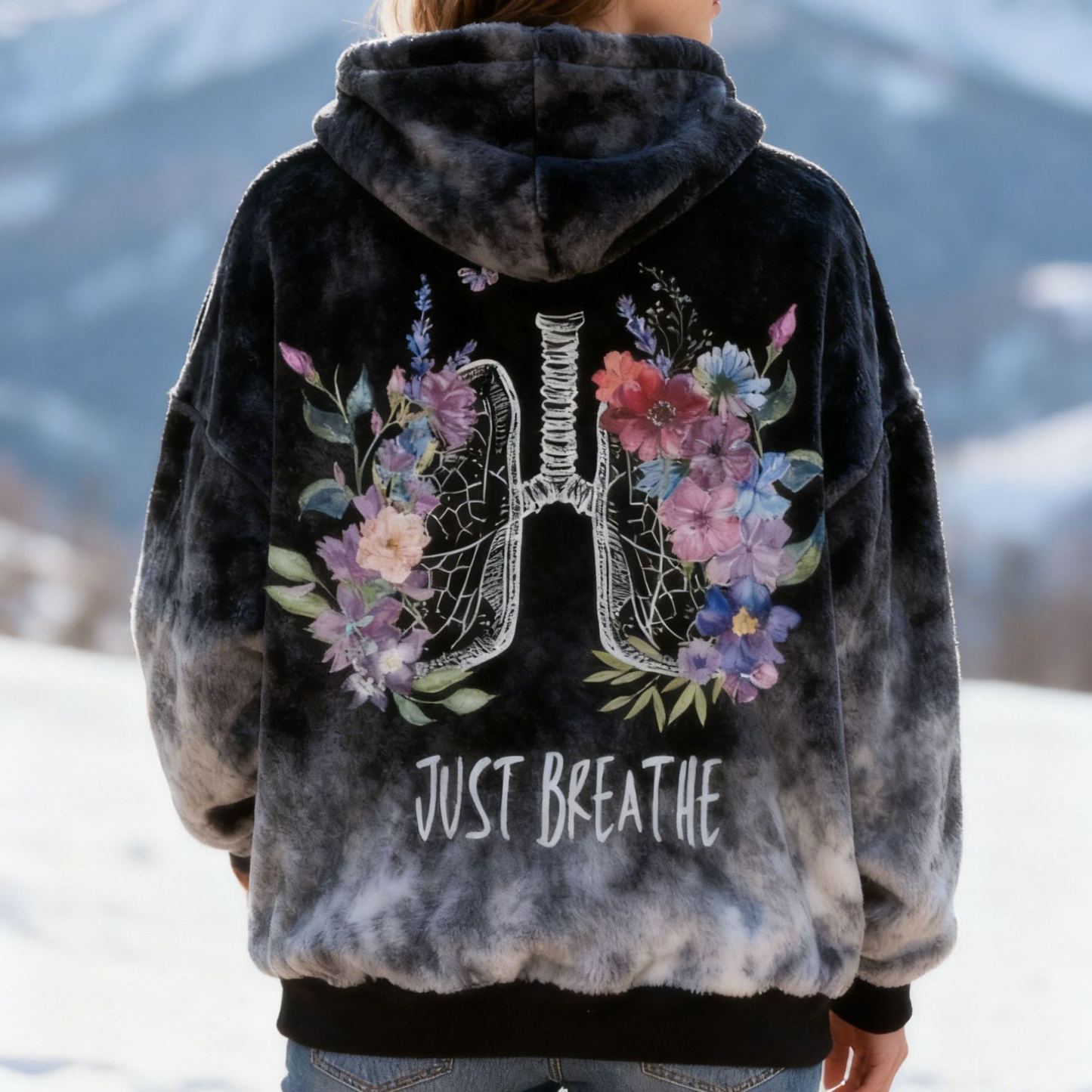 "Just Breathe" Lettering Black & White Tie-Dye Hoodie with Floral Lung Graphic Soft Fleece Oversized Flannel Sweatshirt 