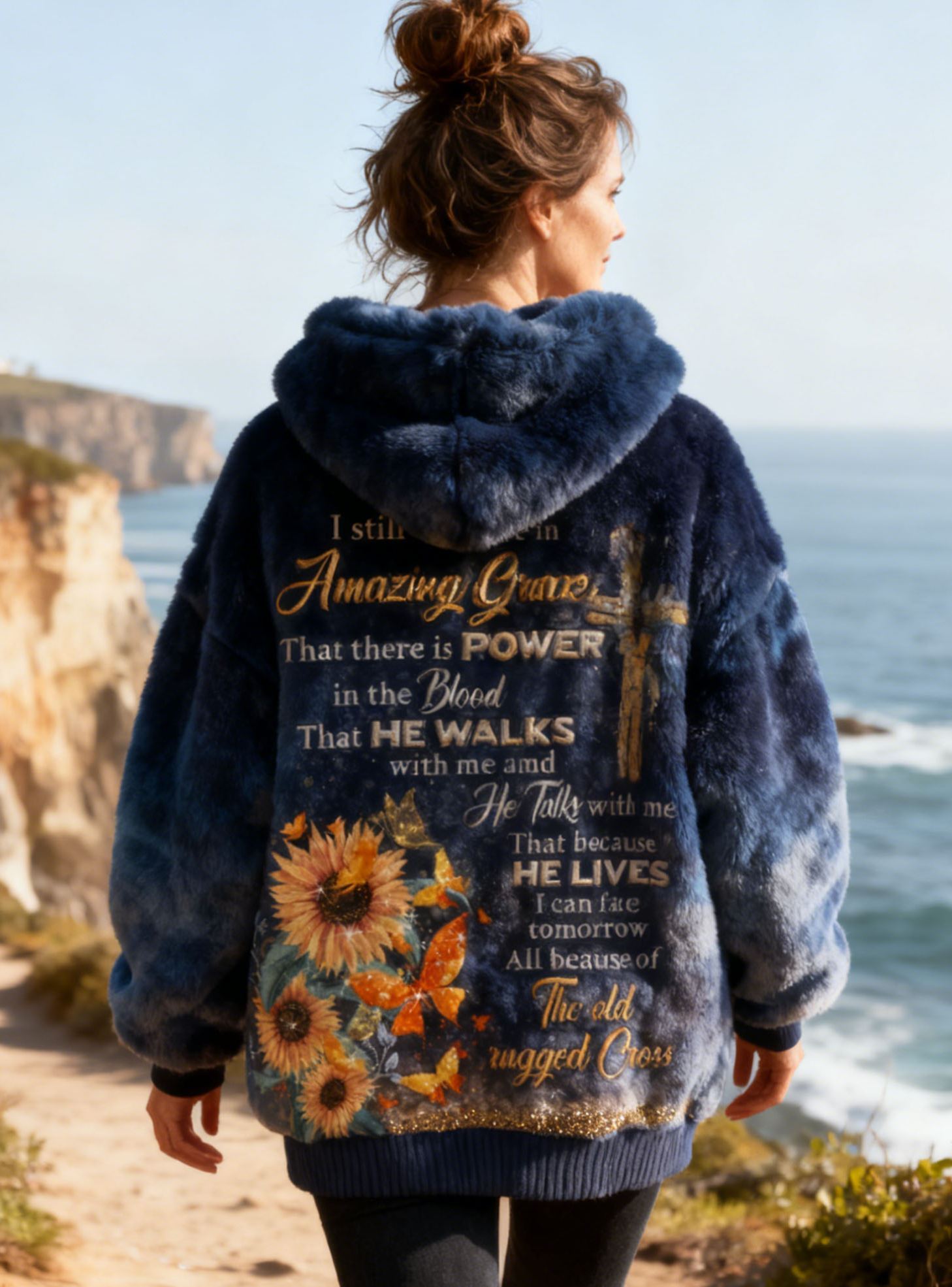 "Amazing Grace" Christian Inspirational Tie-Dye Hoodie with Sunflower & Cross Embroidery Fleece Flannel Soft Oversized Pullover