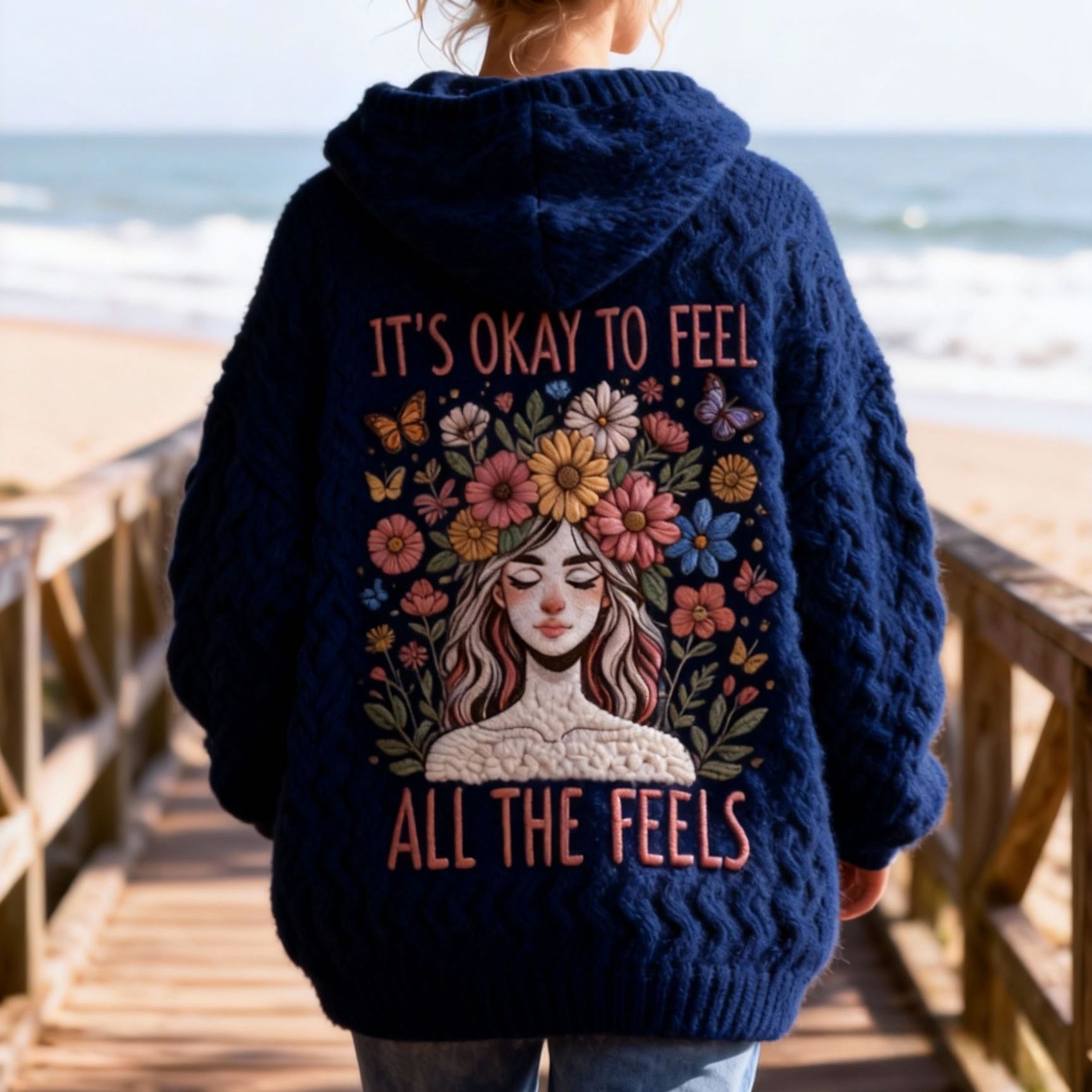 "It's Okay To Feel All The Feels" Lettering Fleece Hoodie with Floral Girl Embroidery Oversized Cozy Flannel Soft Pullover