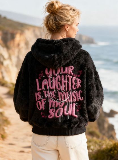  "Your Laughter Is The Music Of My Soul" Embroidery Black Fleece Hoodie Oversized Cozy Soft Pullover
