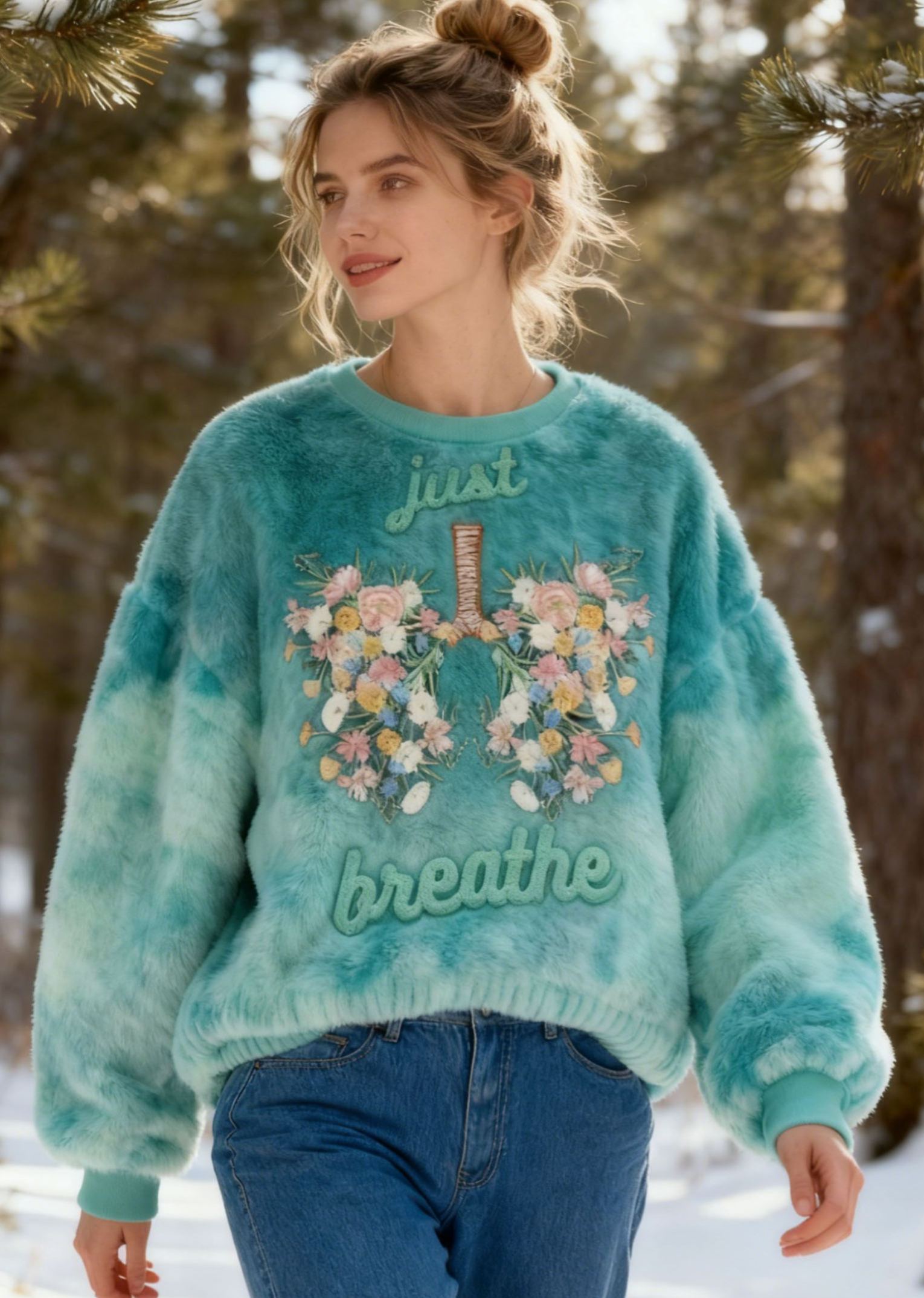 "Just Breathe" Lettering Mint Tie-Dye Fleece Sweatshirt with Floral Lung Embroidery Flannel Oversized Cozy Soft Pullover