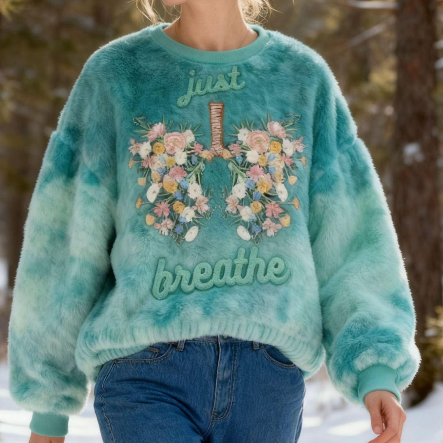 "Just Breathe" Lettering Mint Tie-Dye Fleece Sweatshirt with Floral Lung Embroidery Flannel Oversized Cozy Soft Pullover
