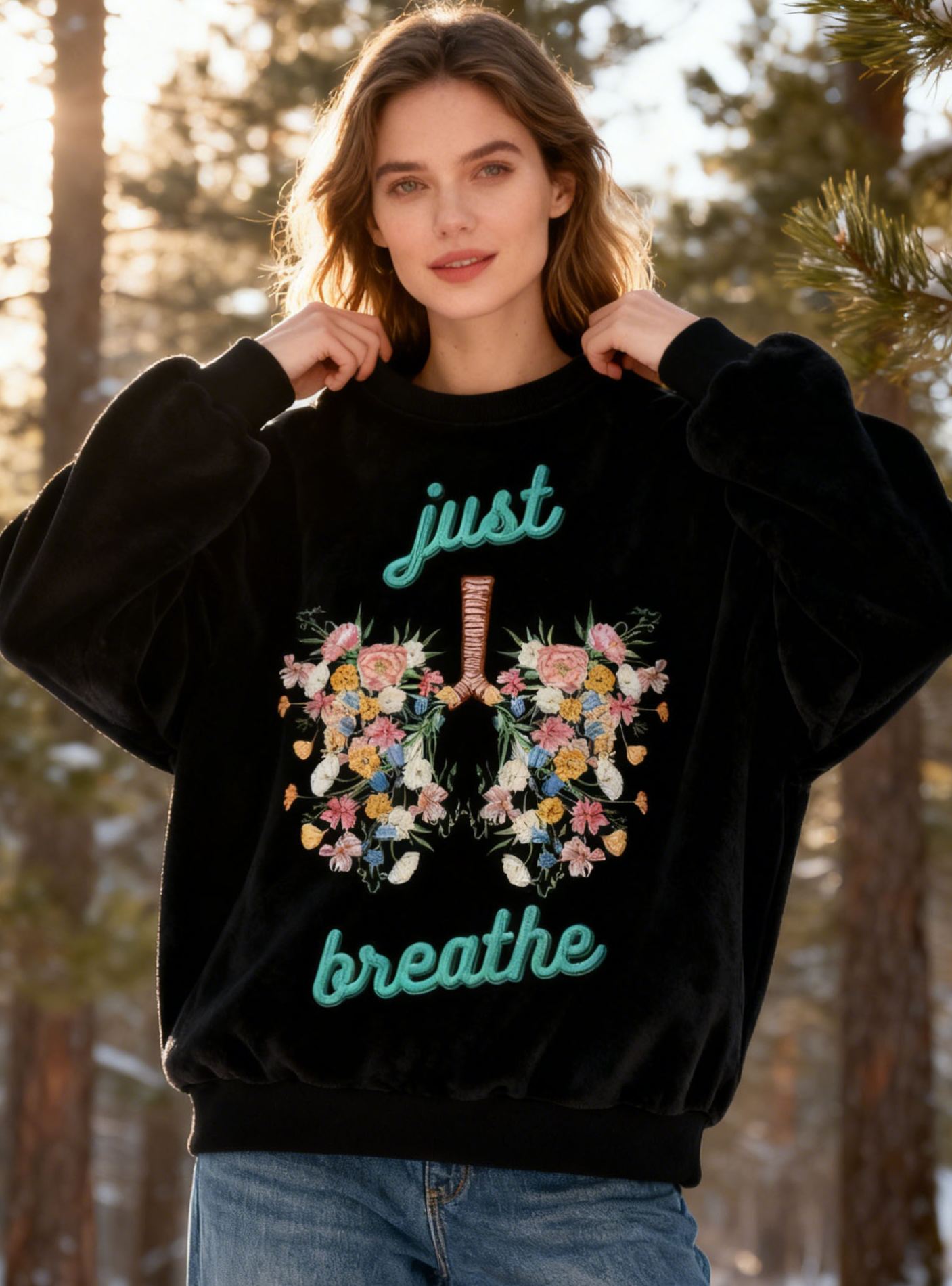 "Just Breathe" Lettering Mint Tie-Dye Fleece Sweatshirt with Floral Lung Embroidery Flannel Oversized Cozy Soft Pullover