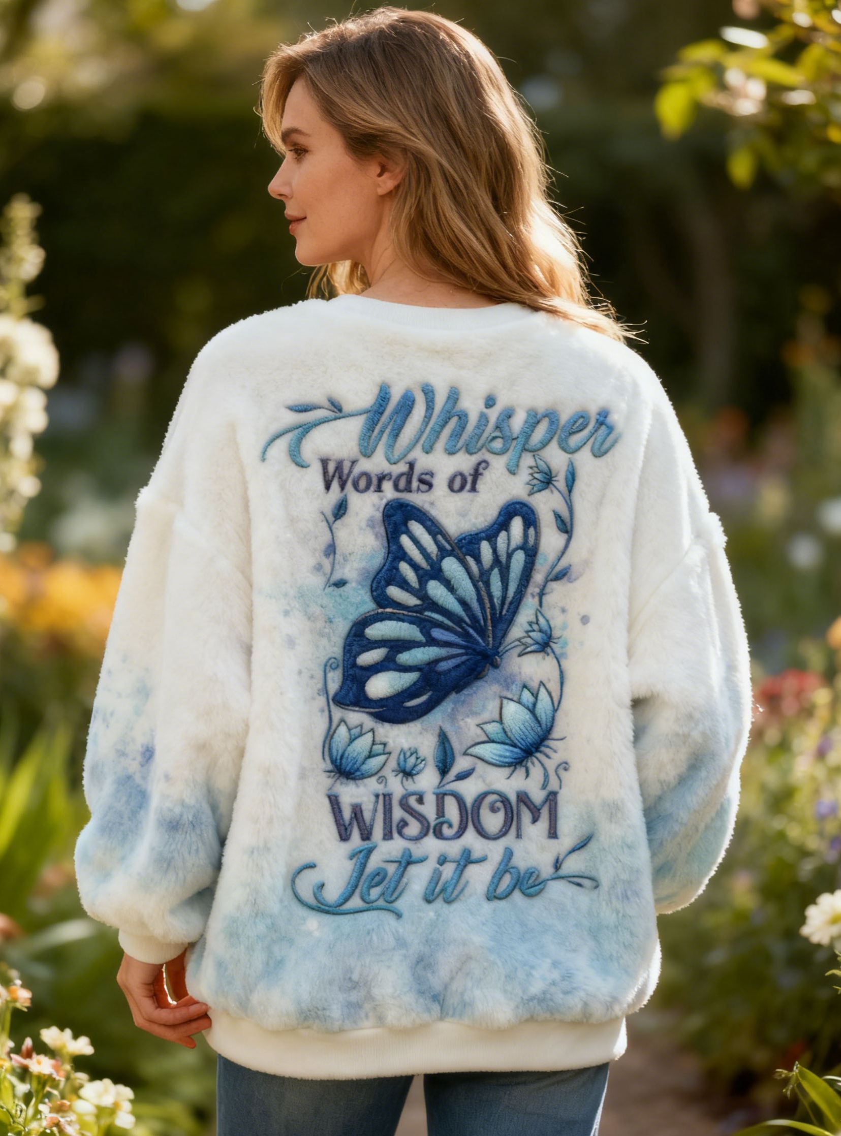 "Whisper Words of Wisdom" Quote Tie-Dye Fleece Sweatshirt with Butterfly Embroidery Oversized Sweatshirt Flannel Oversized Cozy Soft Pullover
