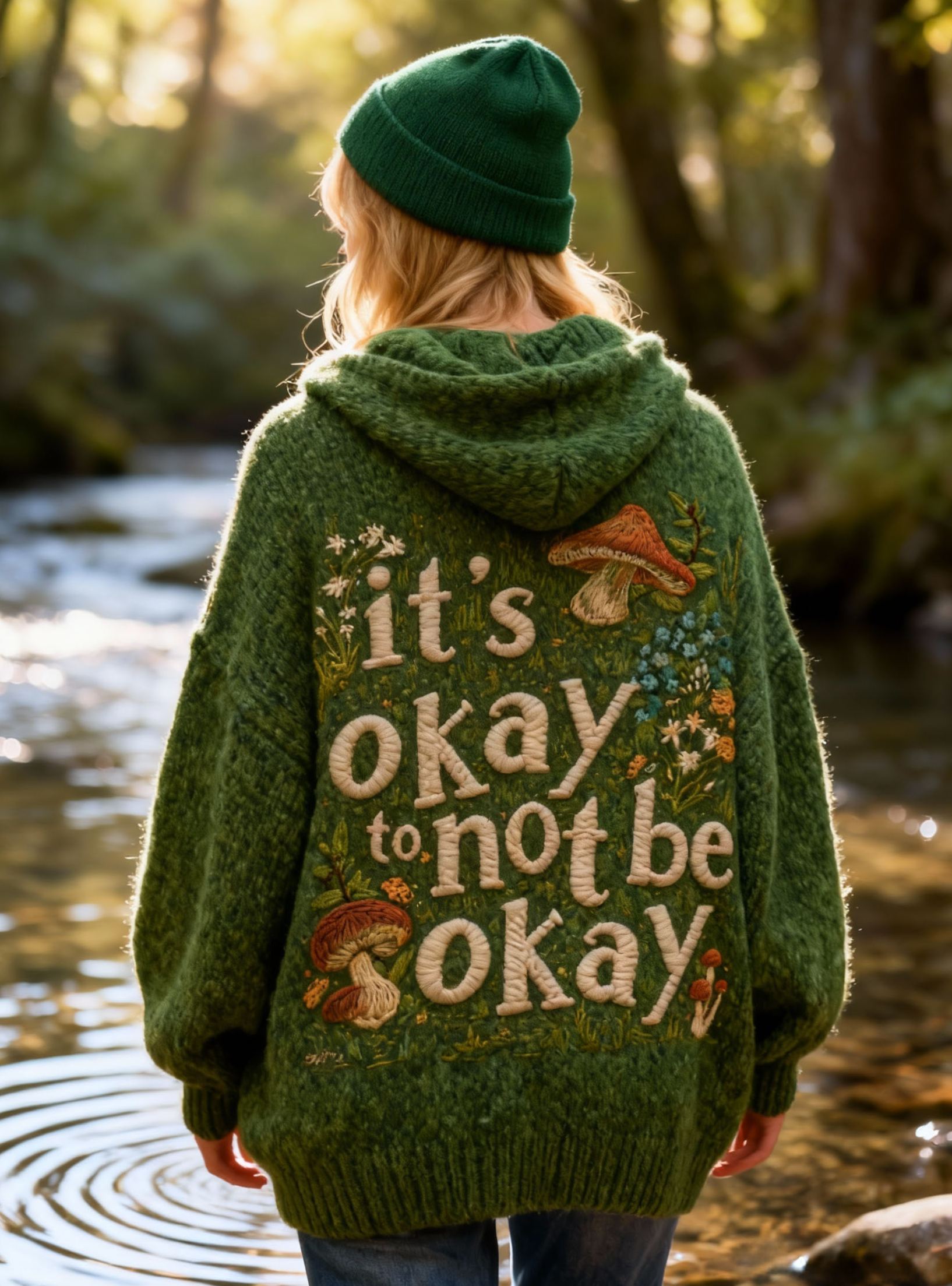  "It's Okay To Not Be Okay" Lettering Mushroom Embroidery Knit Hoodie Sweater Oversized Cozy Soft Pullover