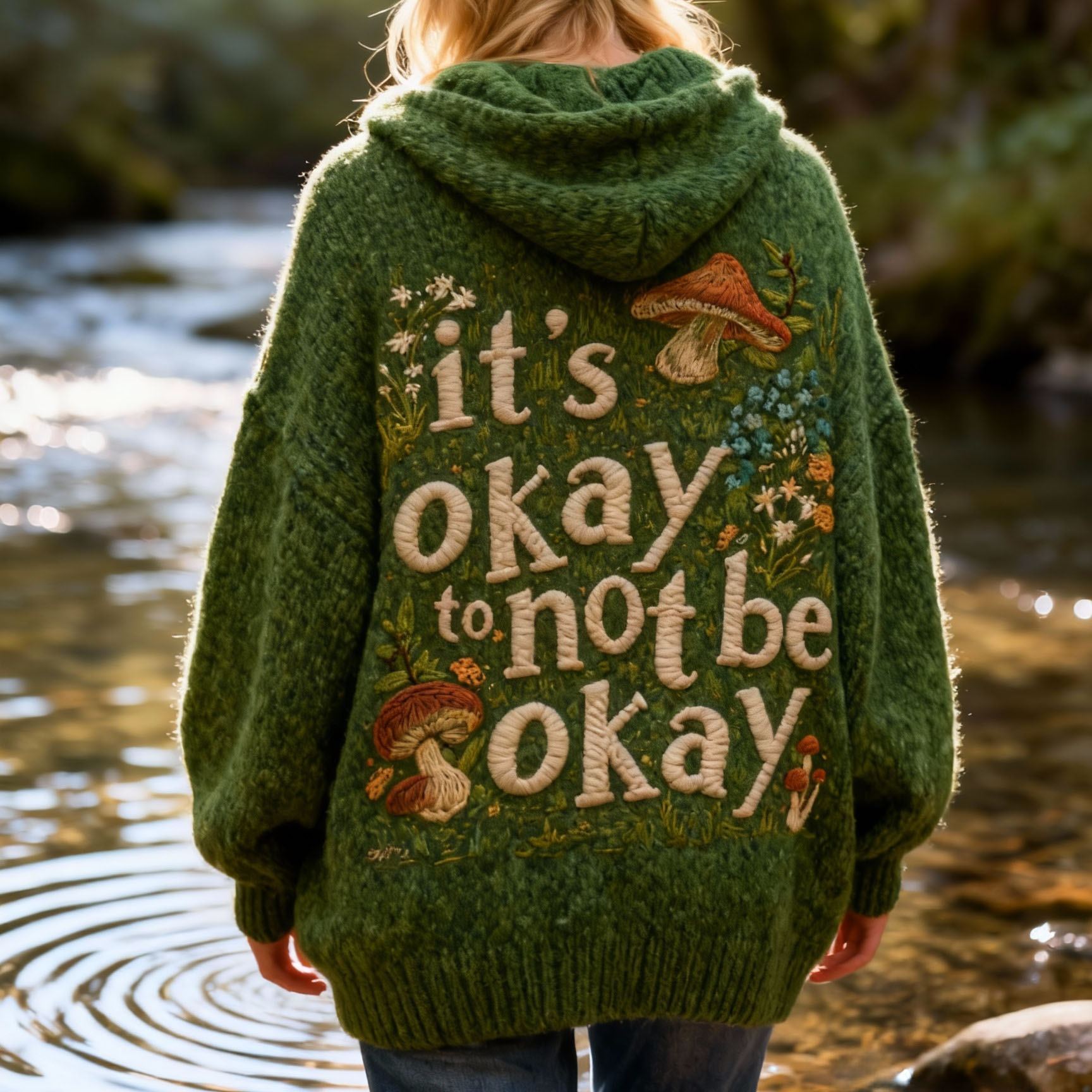  "It's Okay To Not Be Okay" Lettering Mushroom Embroidery Knit Hoodie Sweater Oversized Cozy Soft Pullover