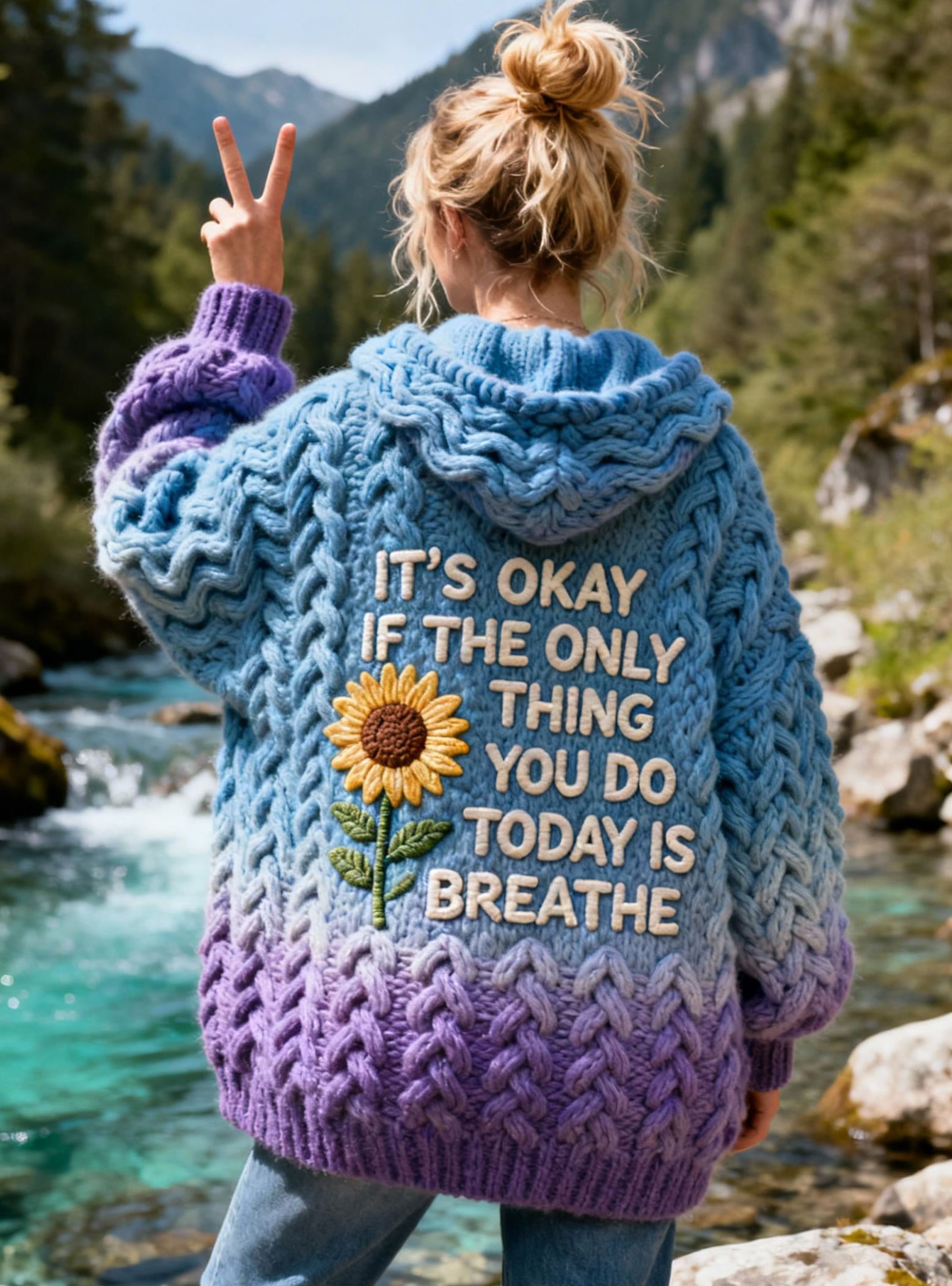 "It's Okay If The Only Thing You Do Today Is Breathe" Quote Sunflower Embroidery Tie-dye Knit Hooded Sweater Cardigan 