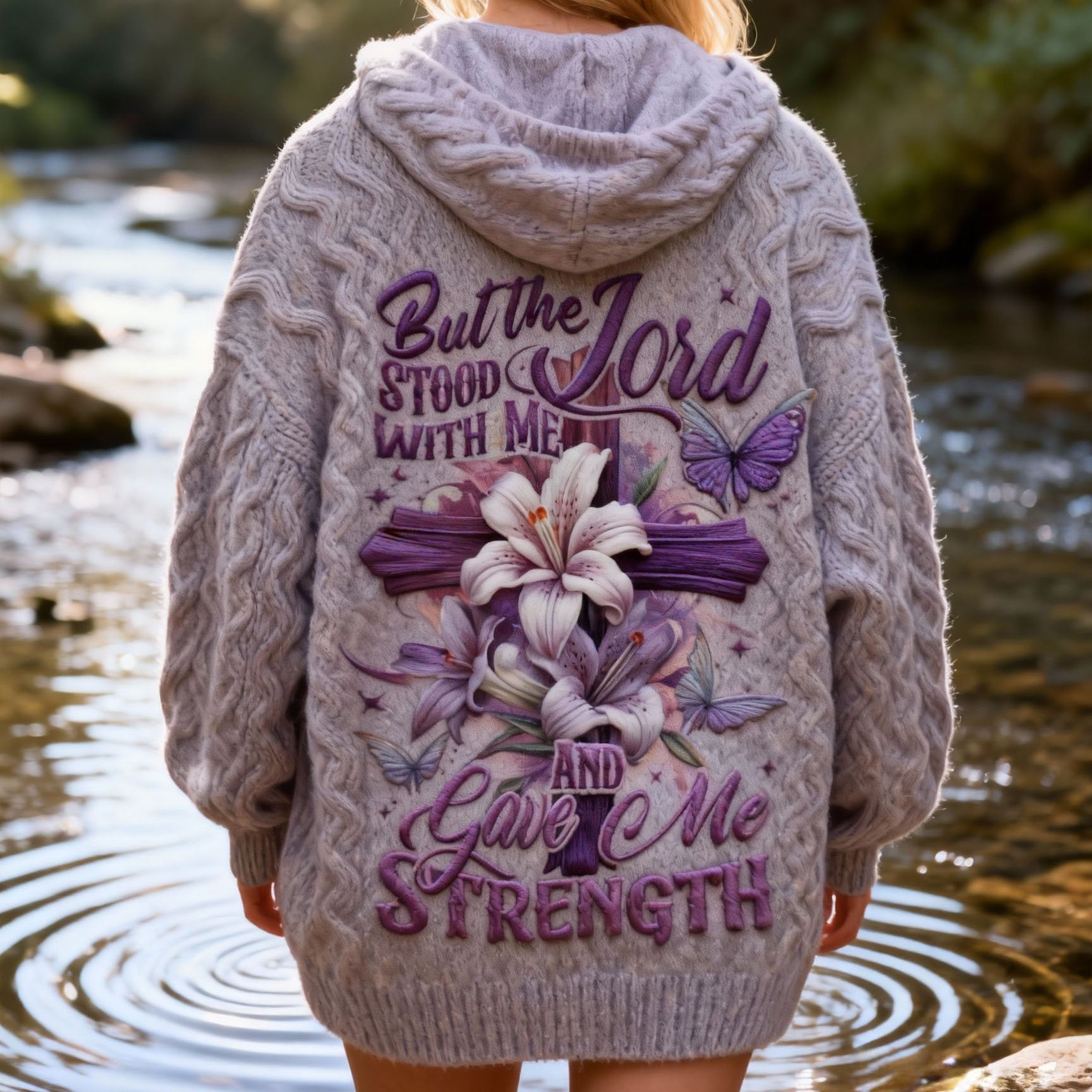 "But the Lord Stood With Me And Gave Me Strength" Quote Lily & Cross Embroidery Knit Hooded Sweater Cardigan 