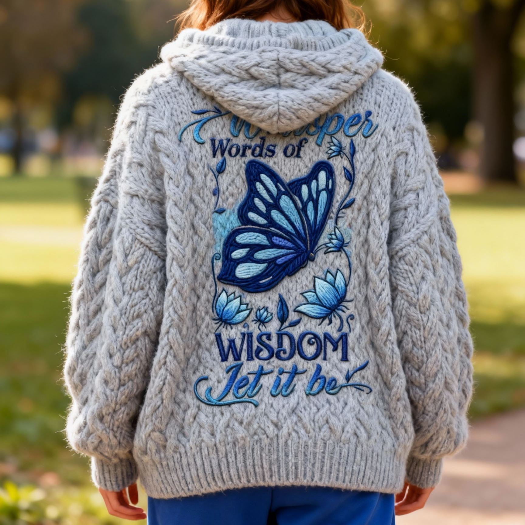"Whisper Words of Wisdom Let It Be" Lettering Butterfly Embroidery Knit Hooded Sweater Oversized Cozy Soft Pullover