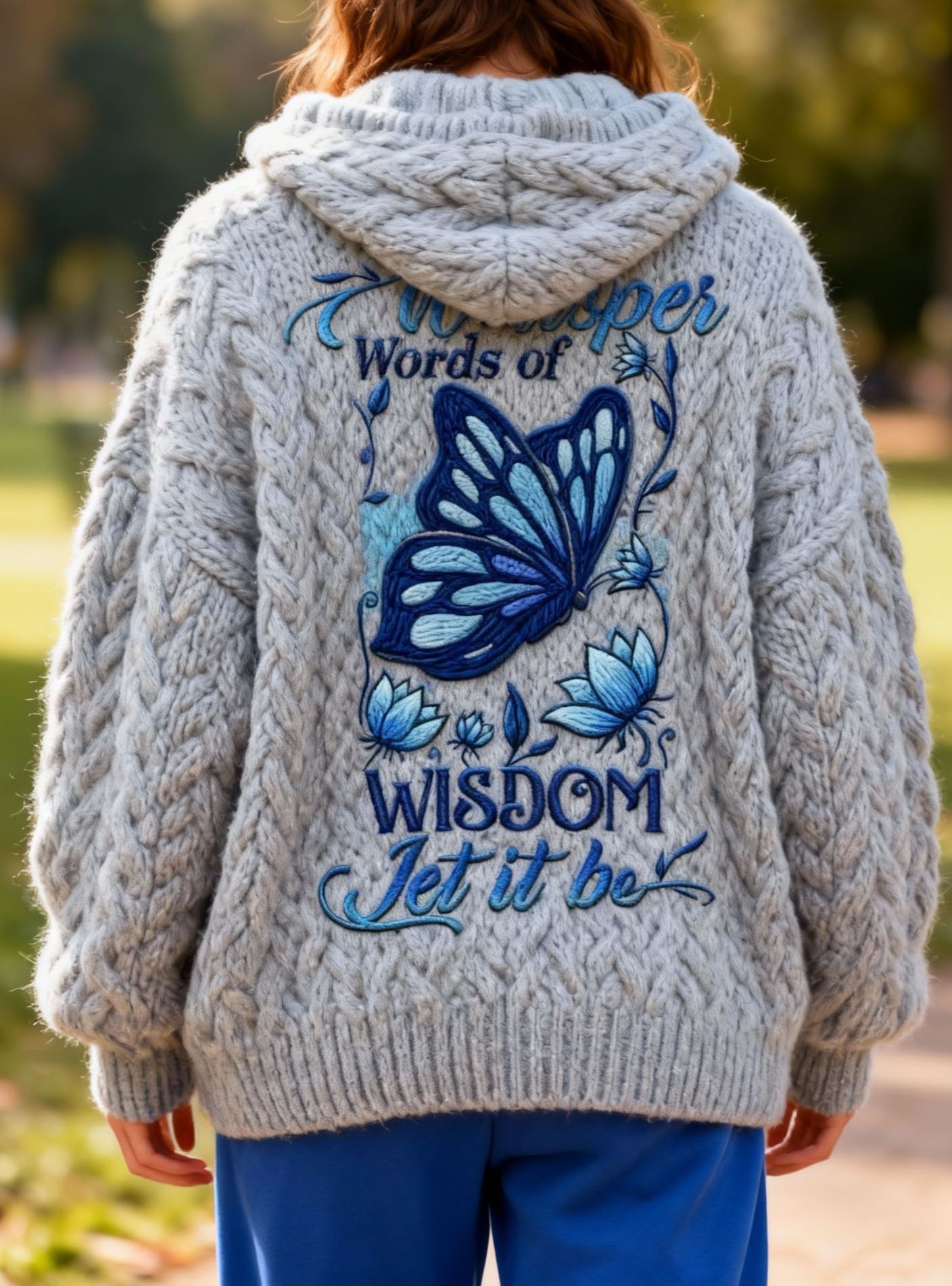 "Whisper Words of Wisdom Let It Be" Lettering Butterfly Embroidery Knit Hooded Sweater Oversized Cozy Soft Pullover
