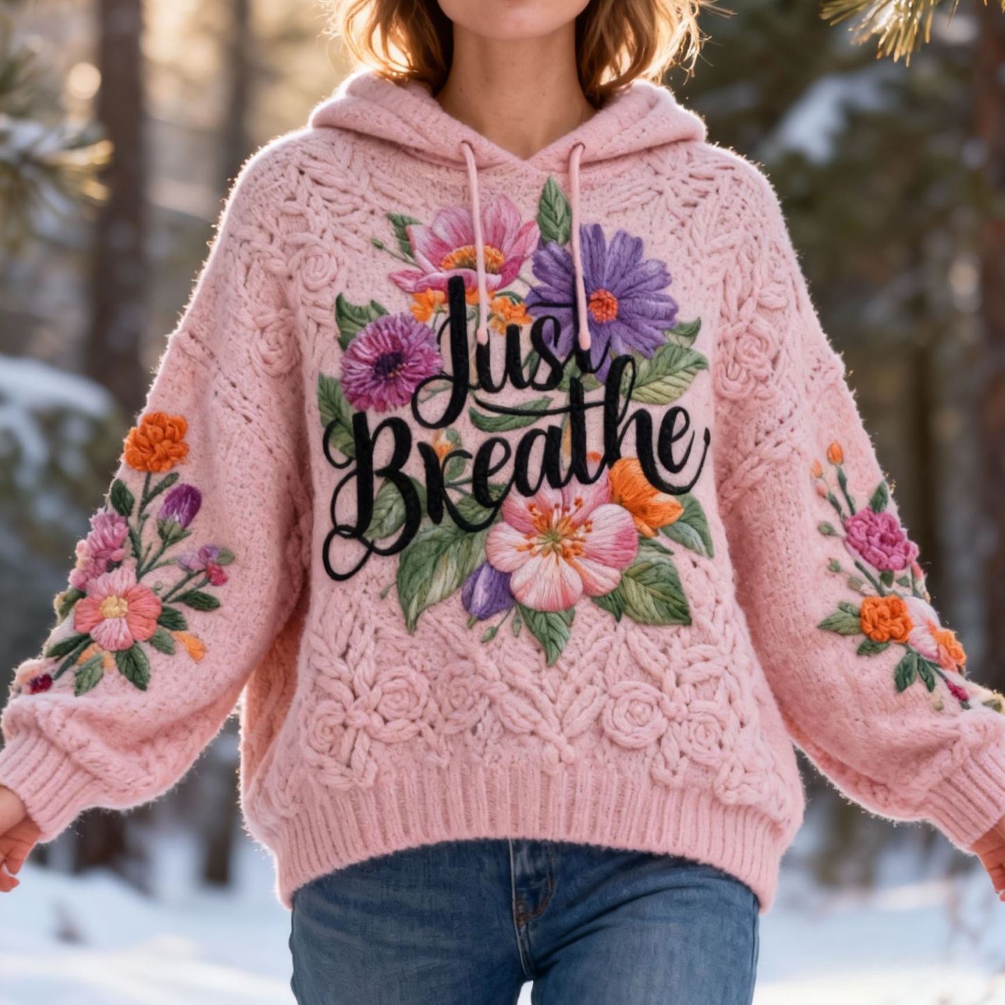 "Just Breathe" Lettering Floral Embroidery Knit Hooded Sweater Oversized Cozy Soft Pullover