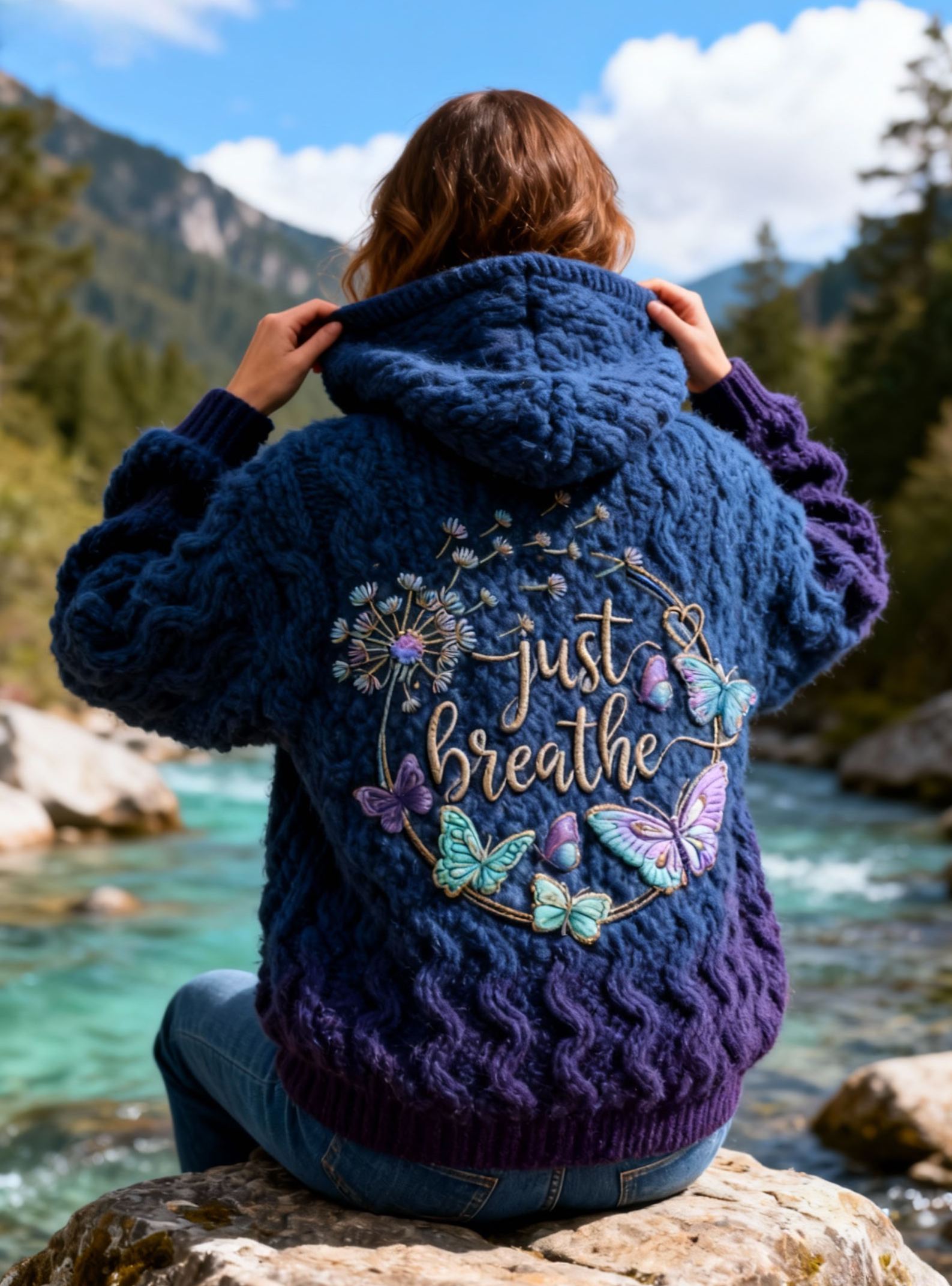 "Just Breathe" Lettering Dandelion & Butterfly Embroidery Tie-dye Knit Hooded Sweater Oversized Cozy Soft Pullover