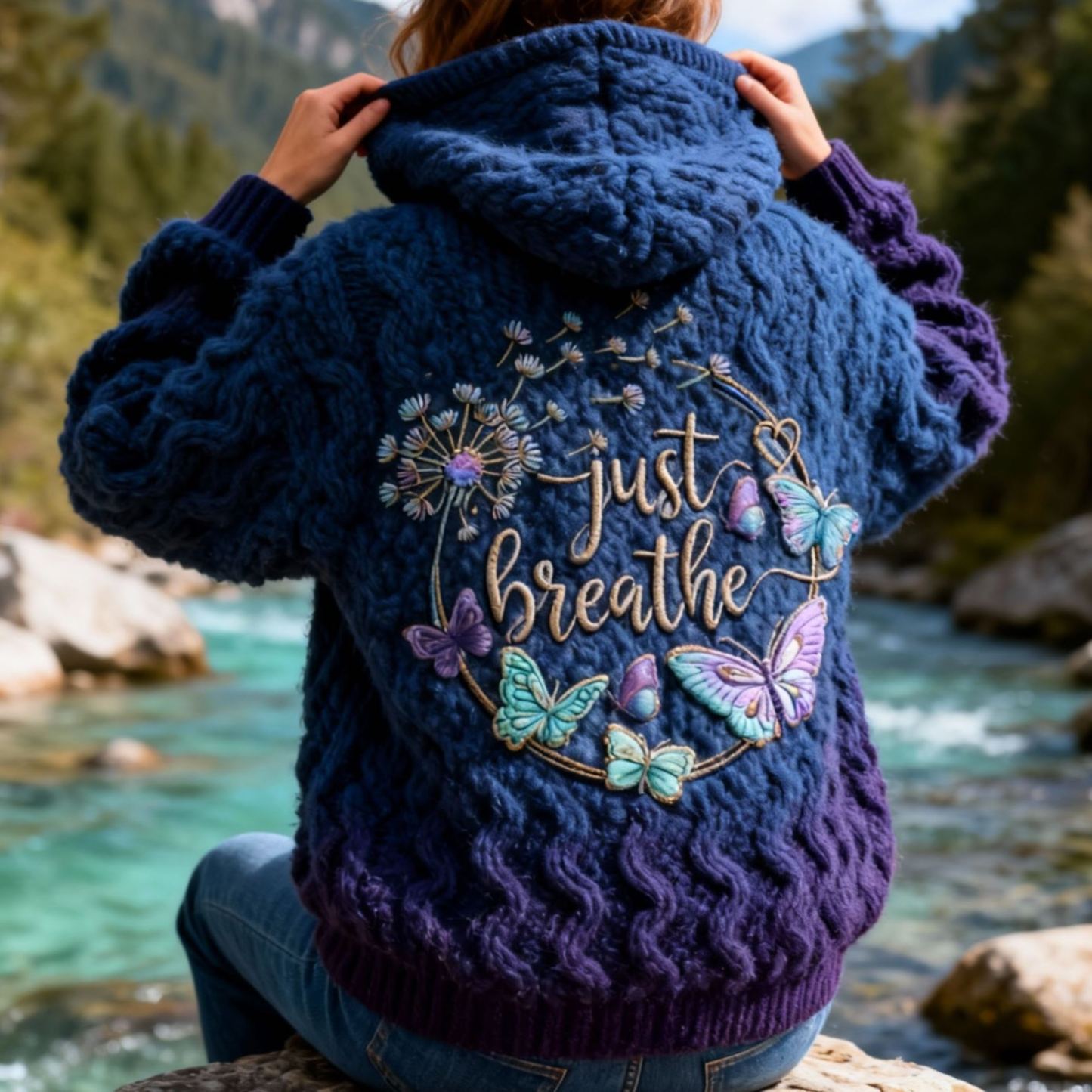 "Just Breathe" Lettering Dandelion & Butterfly Embroidery Tie-dye Knit Hooded Sweater Oversized Cozy Soft Pullover
