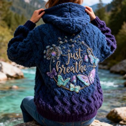 "Just Breathe" Lettering Dandelion & Butterfly Embroidery Tie-dye Knit Hooded Sweater Oversized Cozy Soft Pullover