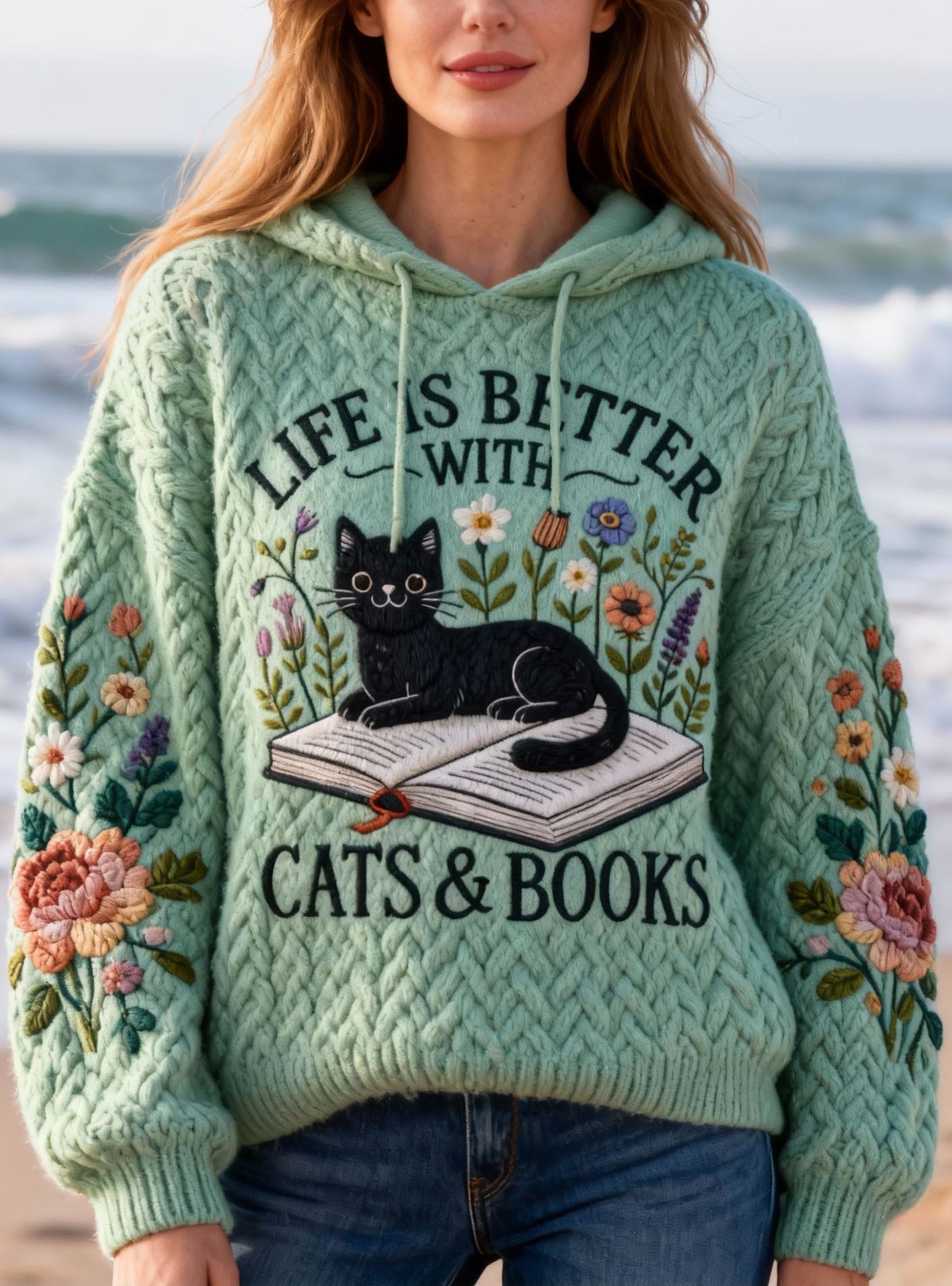 "Life Is Better With Cats & Books" Lettering Black Cat & Book Embroidery Knit Hooded Sweater Oversized Cozy Soft Pullover