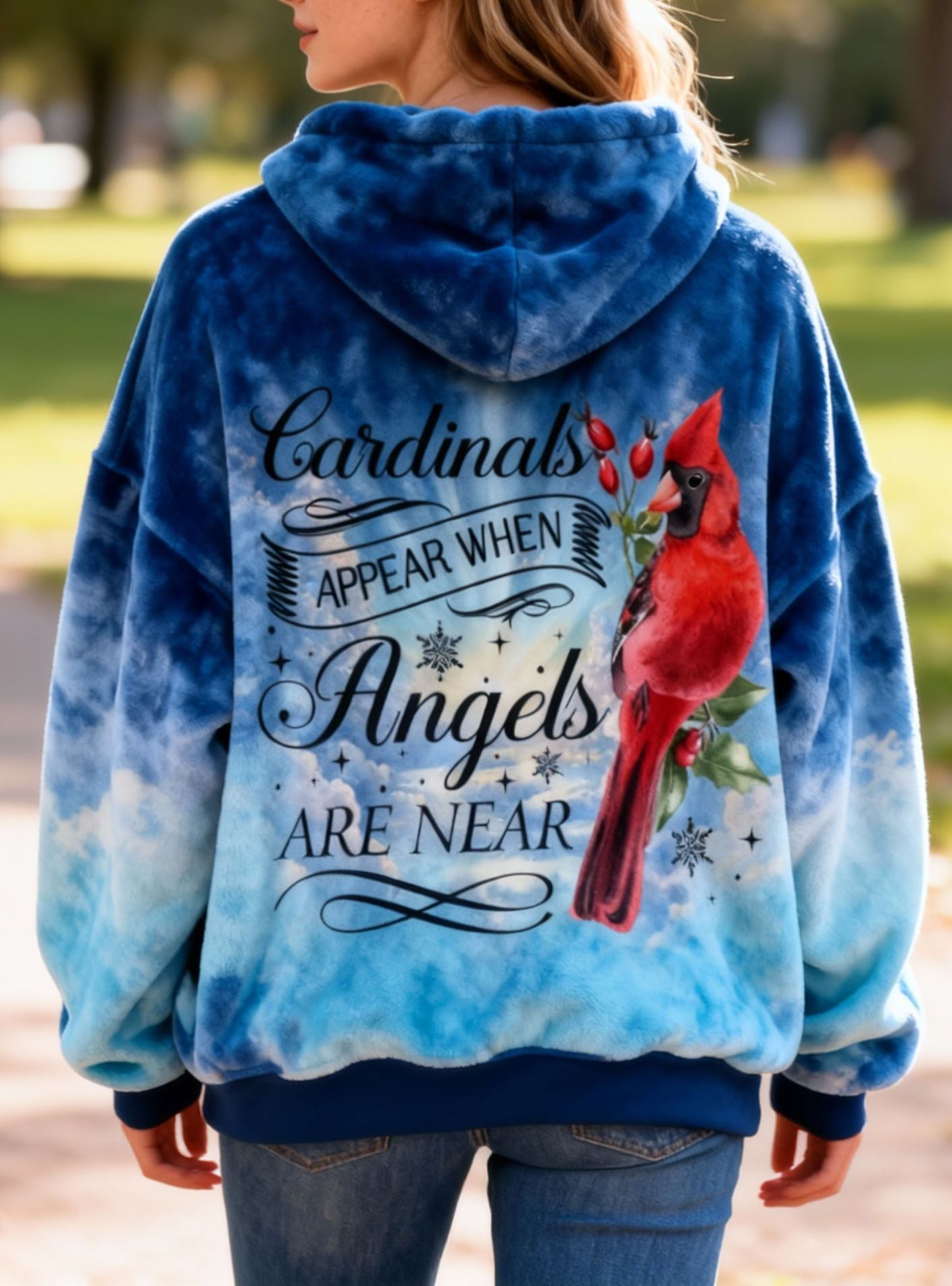 "Cardinals Appear When Angels Are Near" Cardinal Bird Embroidery Tie-dye Fleece Sweatshirt Flannel Oversized Cozy Soft Pullover