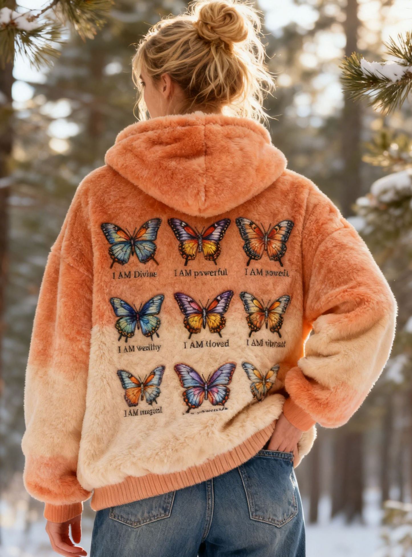 "I AM Divine/Powerful" Affirmation Quotes Butterfly Embroidery Tie-dye Fleece Hoodie Sweatshirt Flannel Oversized Cozy Soft Pullover
