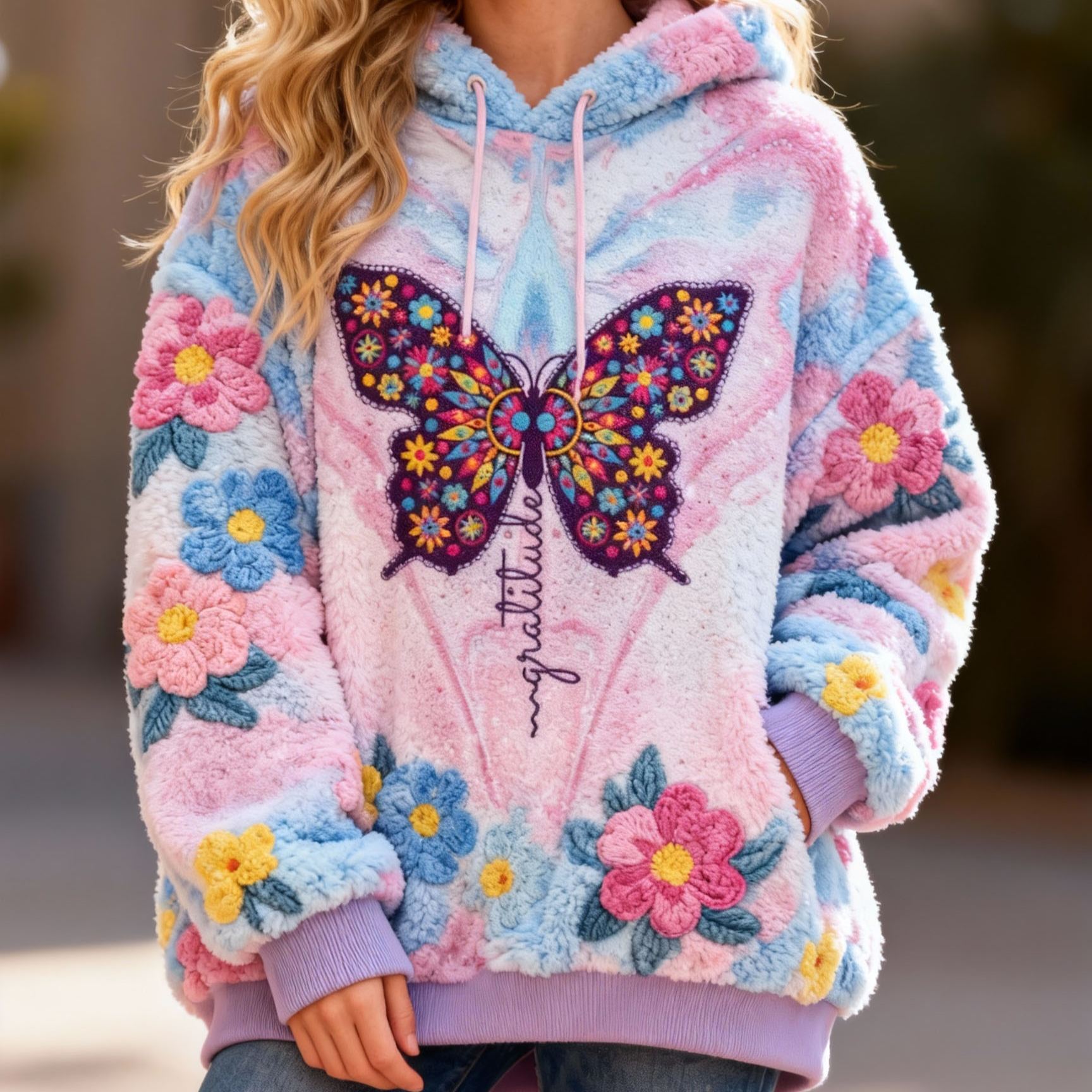 "Gratitude" Lettering Floral Butterfly Embroidery Tie-dye Fleece Hoodie Sweatshirt Flannel Oversized Cozy Soft Pullover