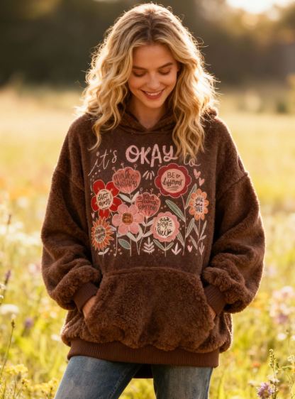"It's Okay To Make Mistakes" Affirmation Quotes Floral Embroidery Fleece Hoodie Sweatshirt Flannel Oversized Cozy Soft Pullover