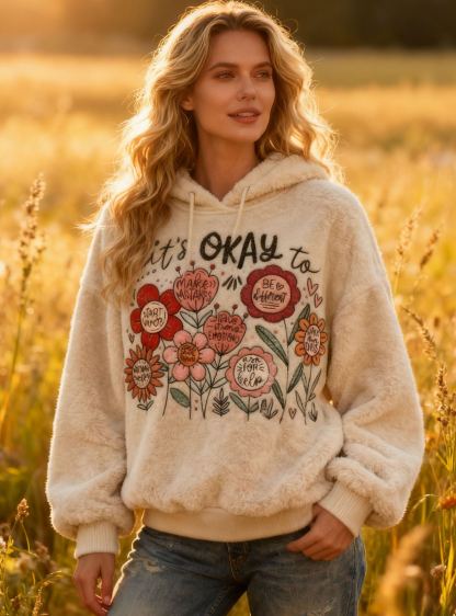 "It's Okay To Make Mistakes" Affirmation Quotes Floral Embroidery Fleece Hoodie Sweatshirt Flannel Oversized Cozy Soft Pullover