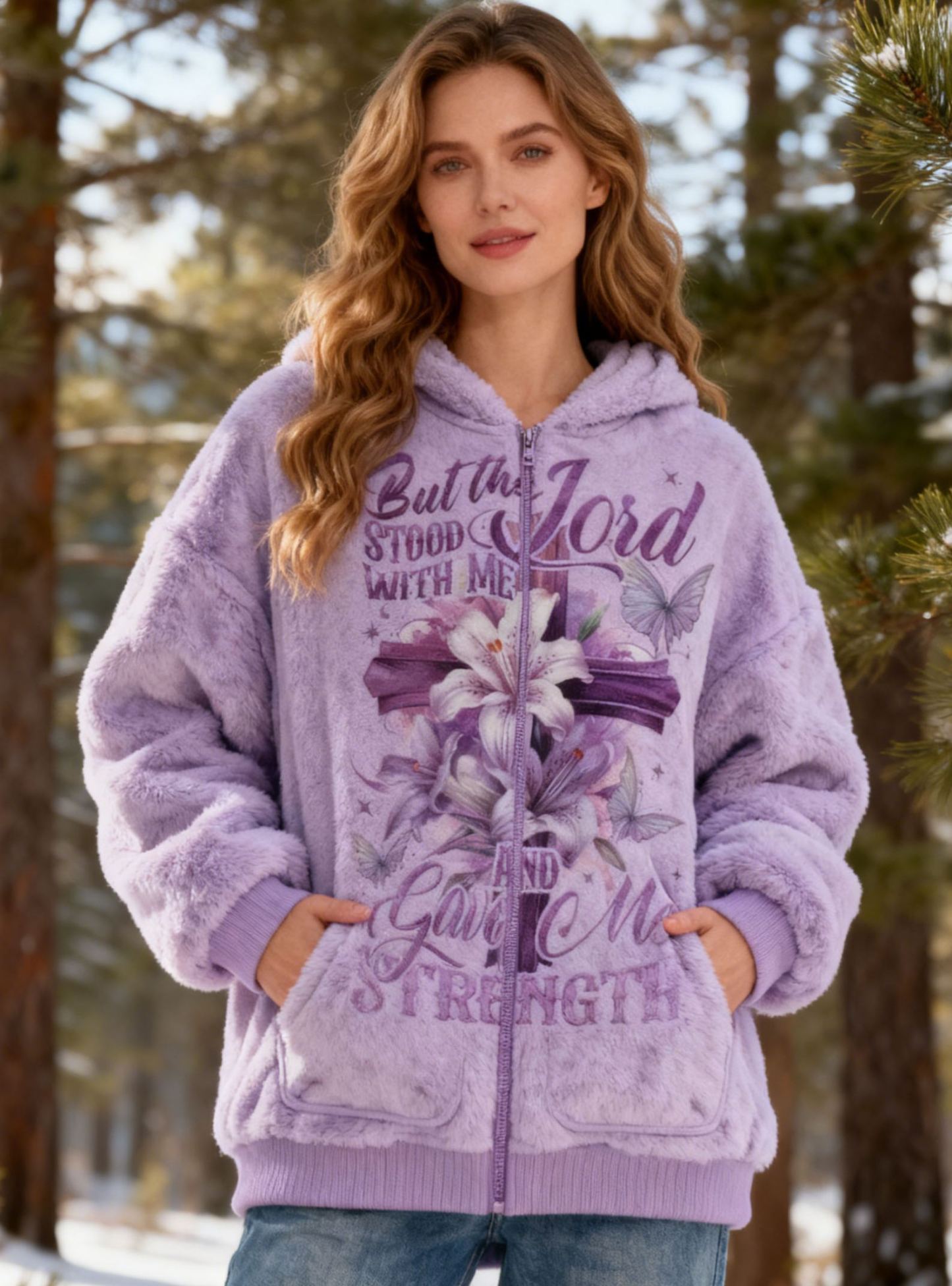 Lily & Cross Embroidery "But the Lord Stood With Me And Gave Me Strength" Quote Fleece Hoodie Flannel Oversized Cozy Soft Zip Sweatshirt Jacket 
