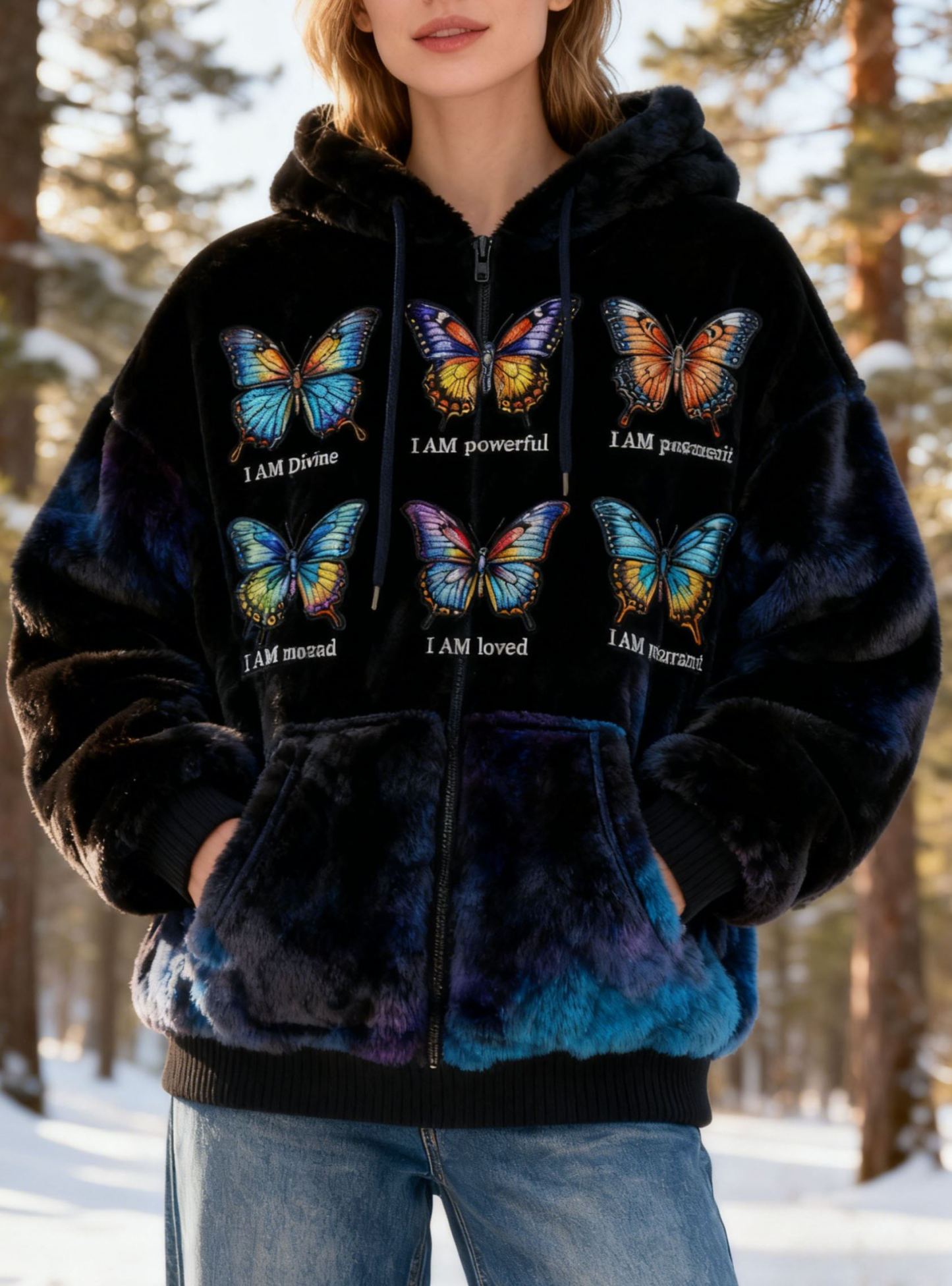 "I AM Divine/Loved" Butterfly Embroidery Tie-dye Fleece Zip-up Sweatshirt Jacket Flannel Oversized Cozy Soft Hoodie